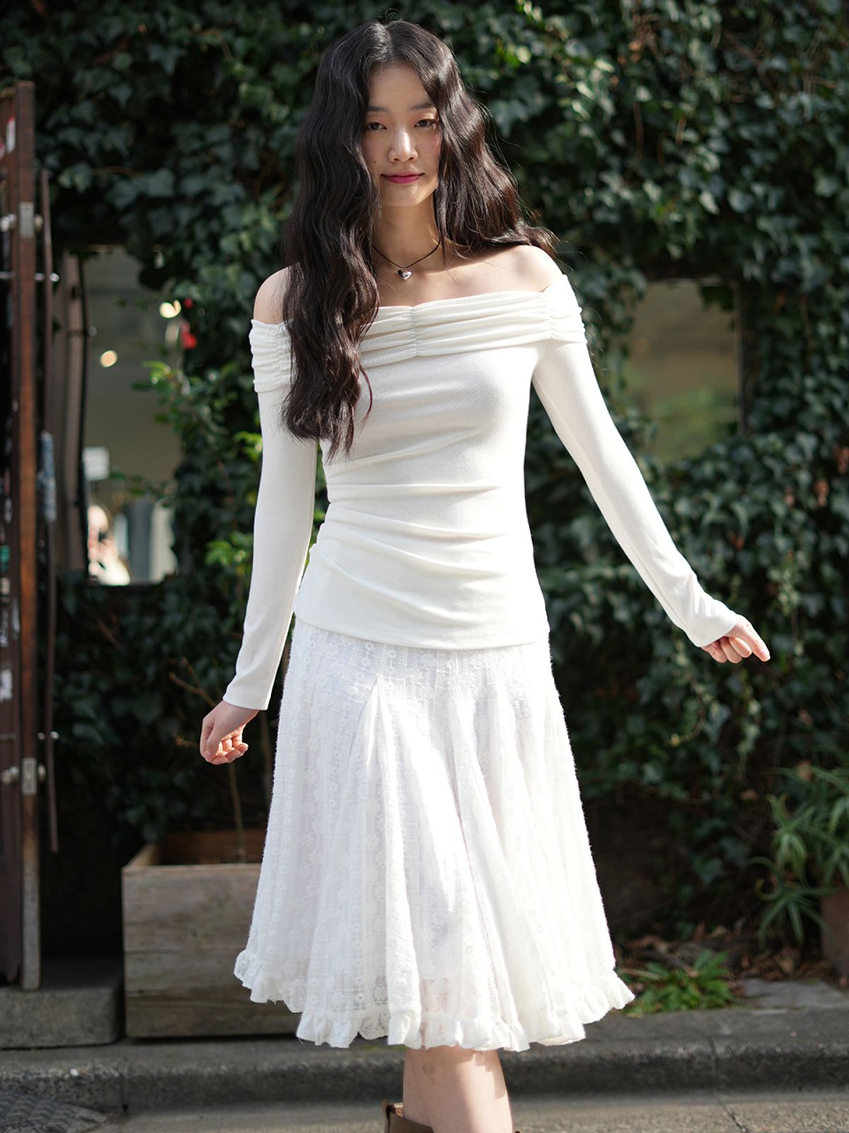 랭앤루(LANGNLU) CLOVI Midi Lace Skirt(클로비)_IVORY