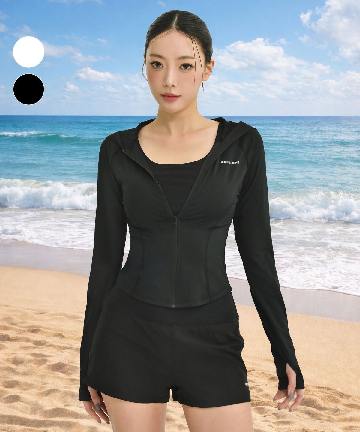 헤링본(HERRINGBONE) 여자 후드 집업 핑거홀 크롭 래쉬가드 (2color) / RJ391W