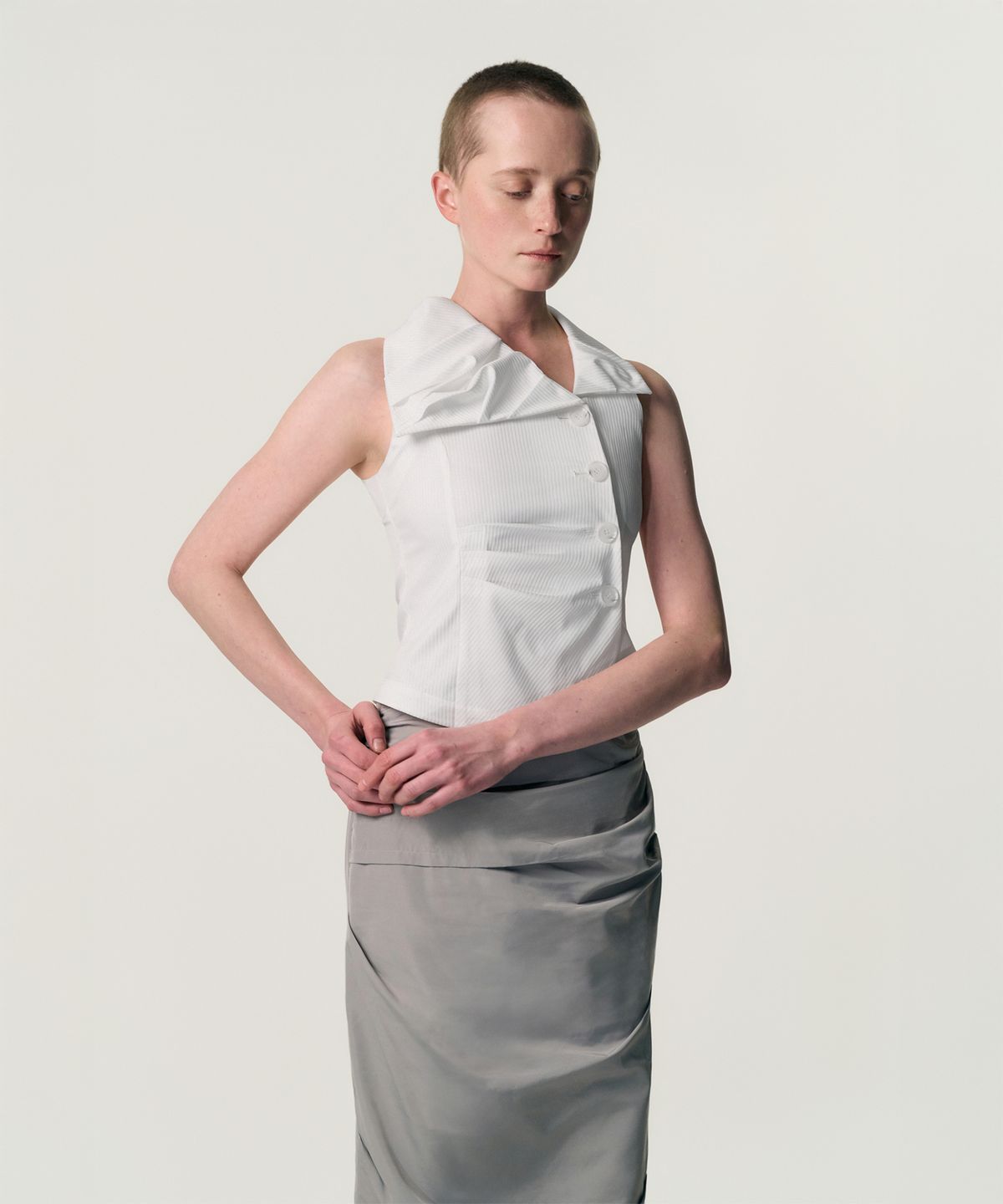 킴지수(KIMZISU) Asymmetric Draped Collar Jacket_WHITE