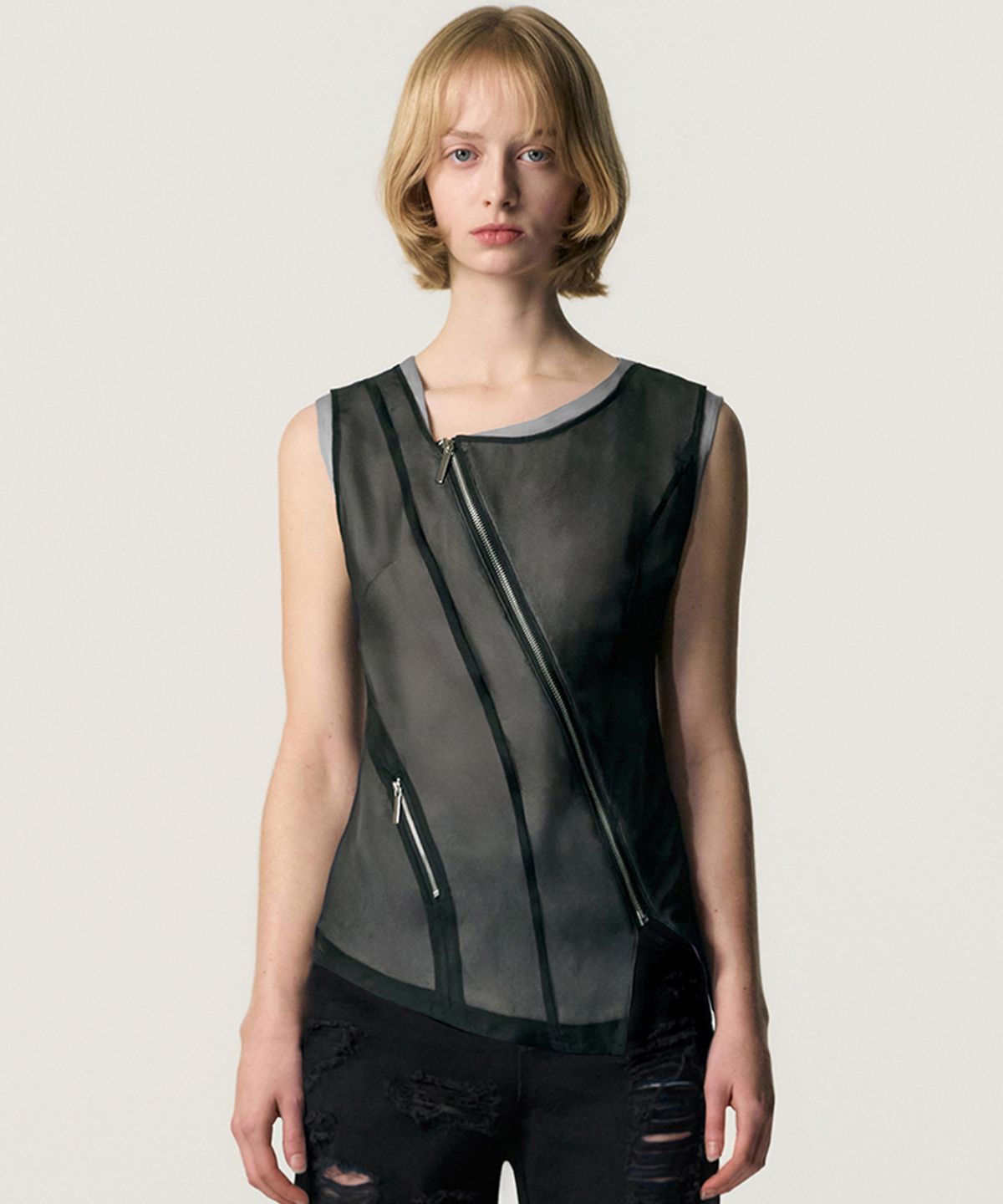 킴지수(KIMZISU) Sheer Overlay Zip Top_BLACK
