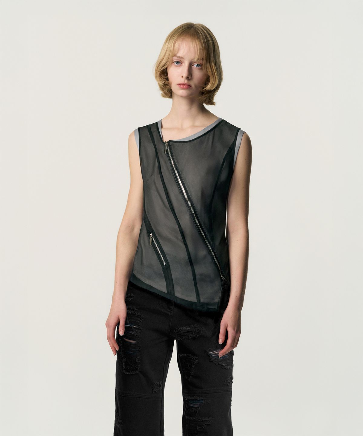 킴지수(KIMZISU) Sheer Overlay Zip Top_BLACK