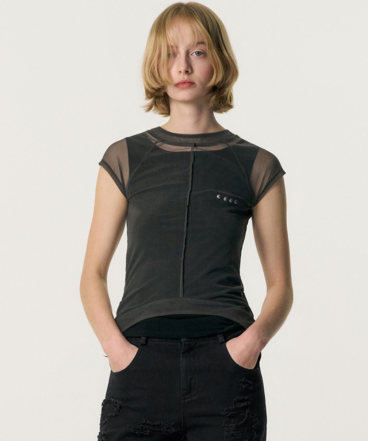 킴지수(KIMZISU) Veiled Mesh Shell SS T-shirt_BLACK