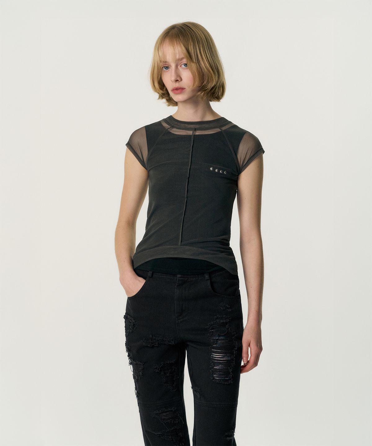 킴지수(KIMZISU) Veiled Mesh Shell SS T-shirt_BLACK