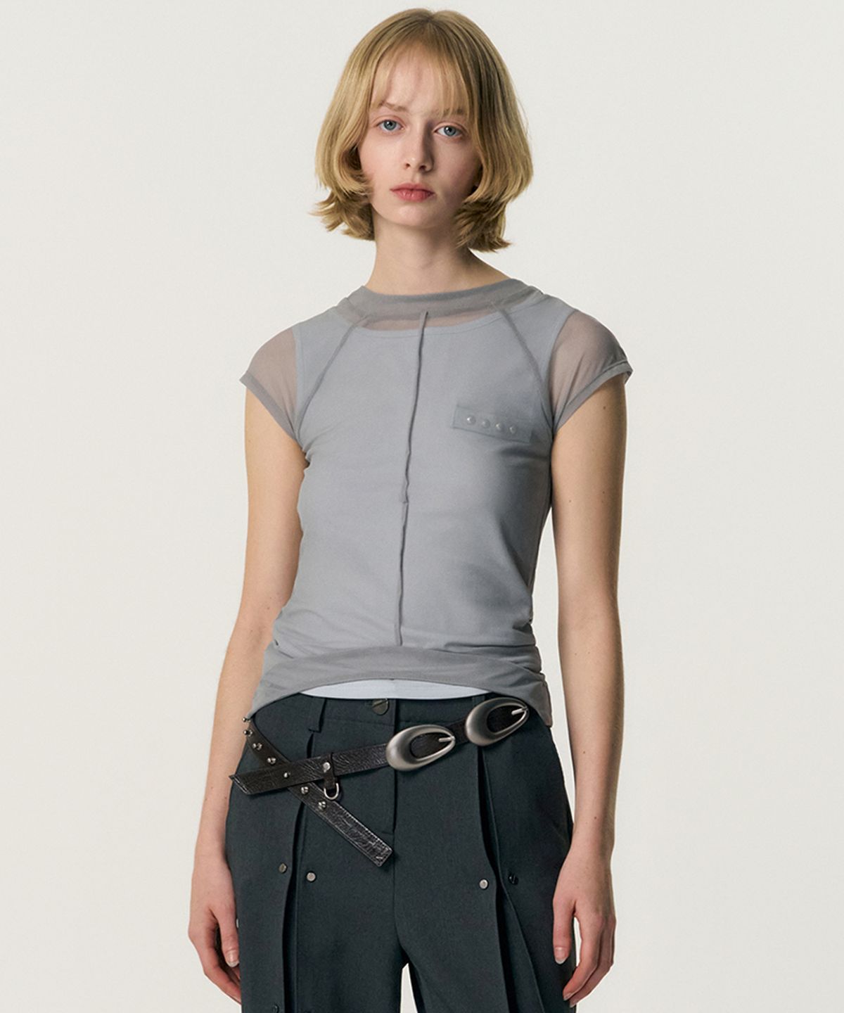 킴지수(KIMZISU) Veiled Mesh Shell SS T-shirt_GREY