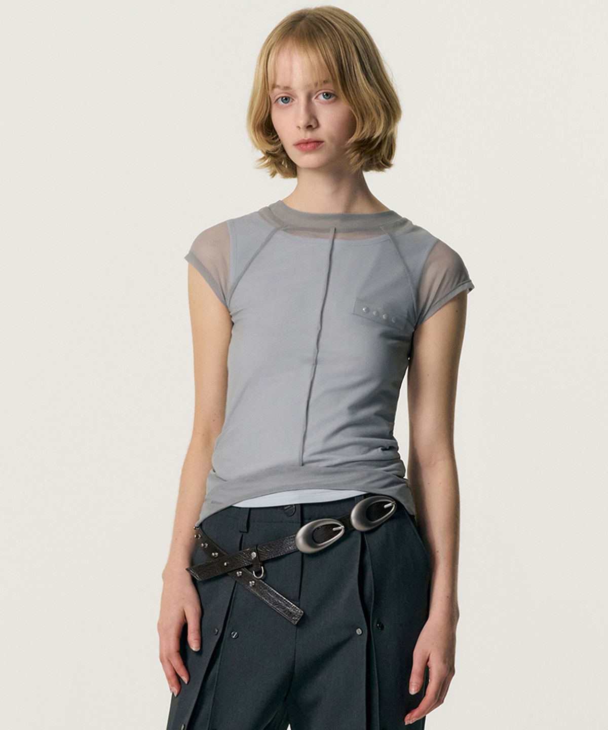 킴지수(KIMZISU) Veiled Mesh Shell SS T-shirt_GREY