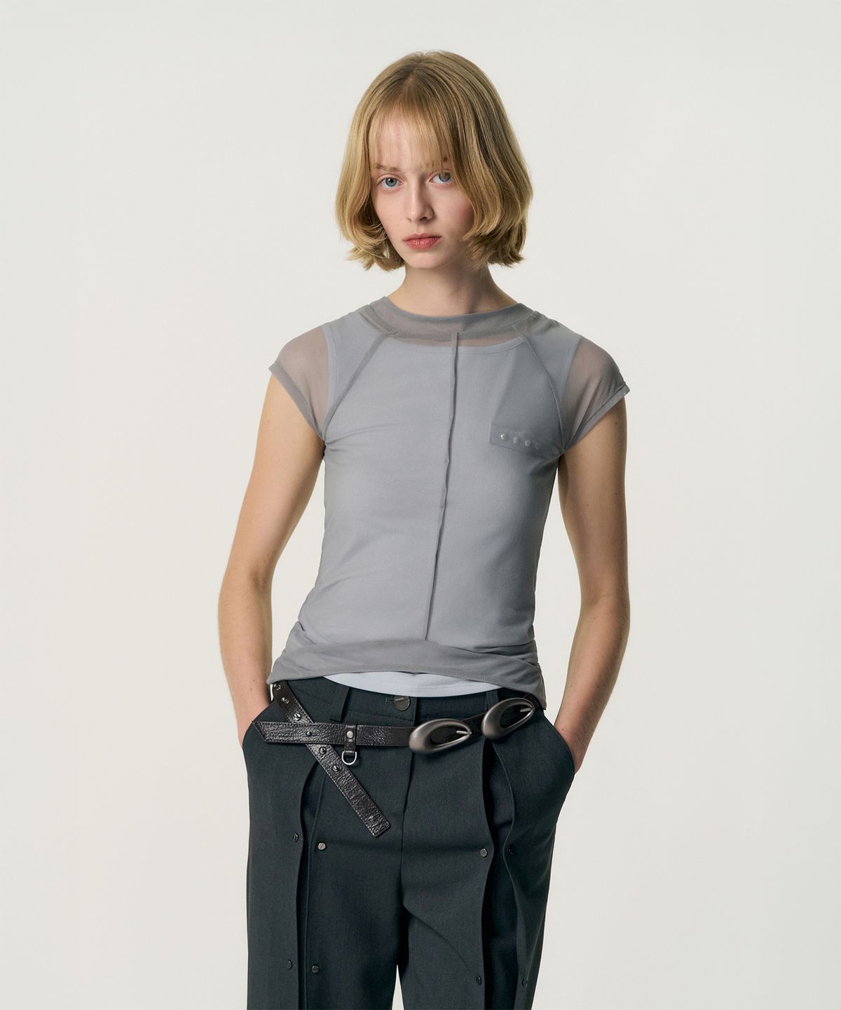 킴지수(KIMZISU) Veiled Mesh Shell SS T-shirt_GREY