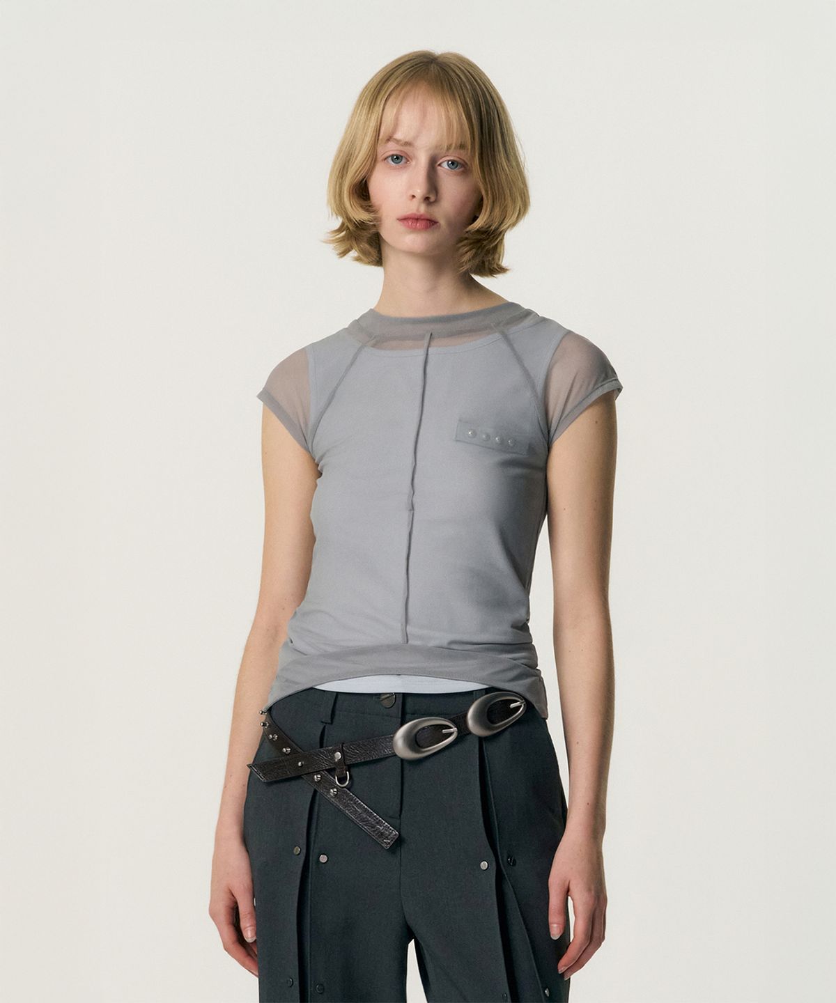 킴지수(KIMZISU) Veiled Mesh Shell SS T-shirt_GREY