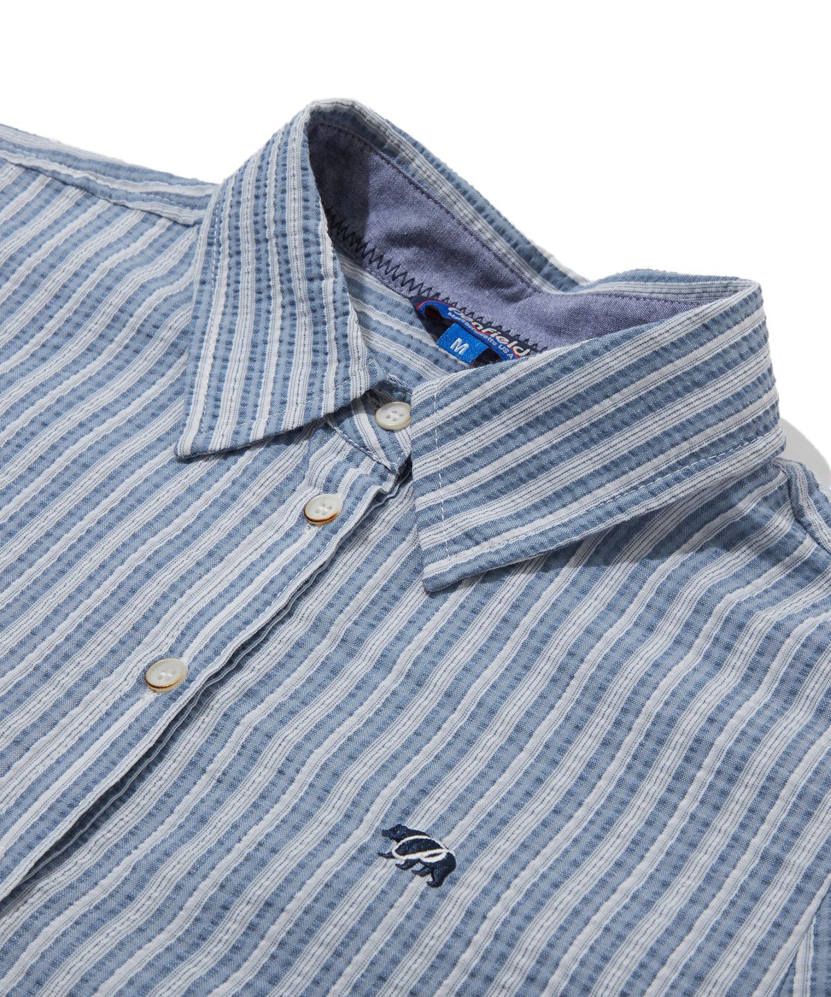 펜필드(PENFIELD) 자수 펀칭 스트라이프 퍼프셔츠 블루_FS2WR27F
