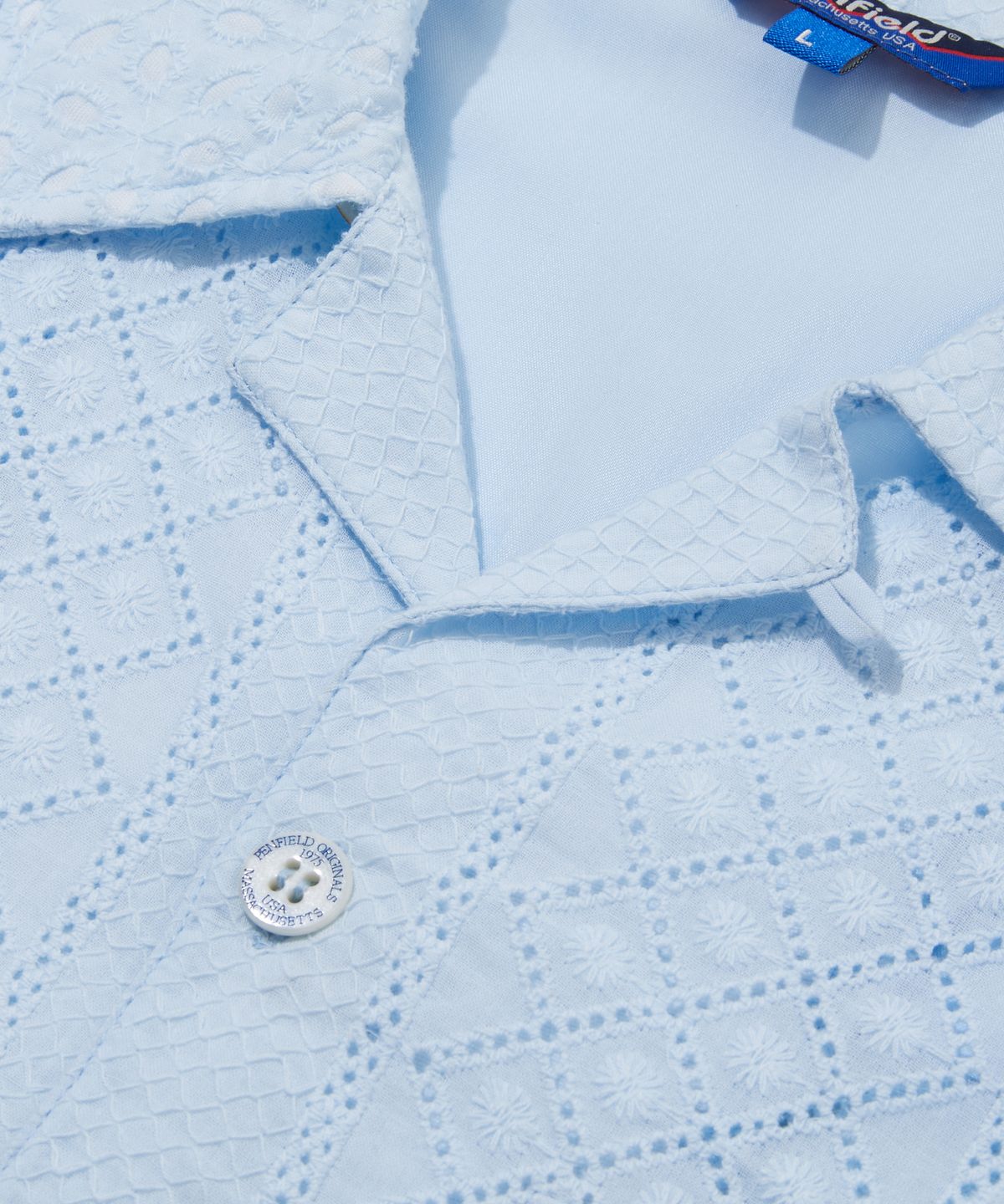 펜필드(PENFIELD) 크로셰 오픈 카라 포켓 반팔 셔츠 스카이블루_FS2CT21U