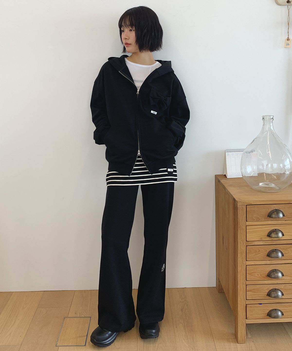론론(RONRON) RIBBON POCKET HOODED ZIP UP BLACK
