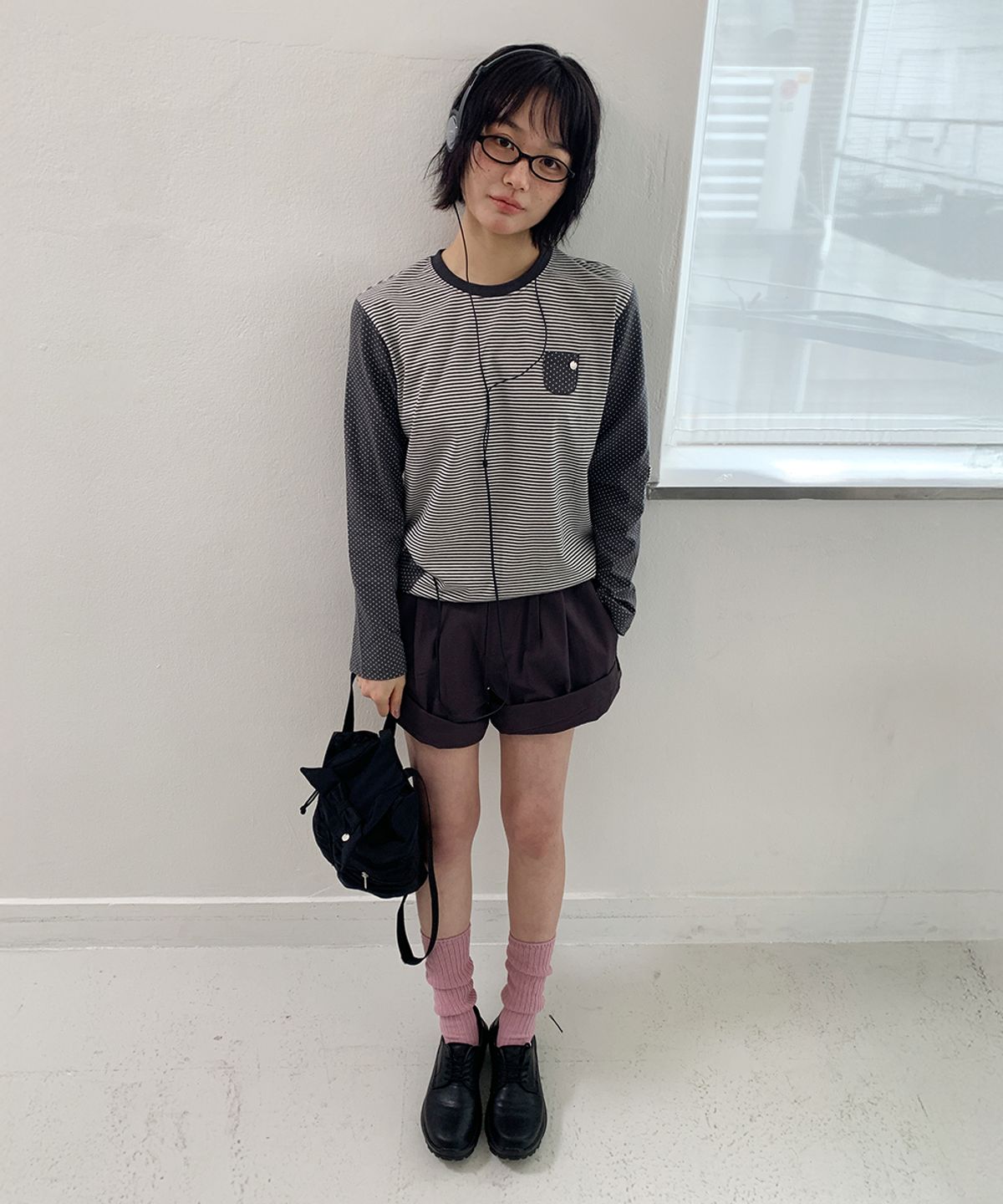 론론(RONRON) DOT STRIPE MULTI POCKET LONG SLEEVE CHARCOAL