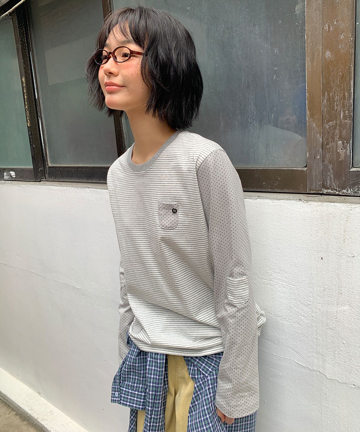 론론(RONRON) DOT STRIPE MULTI POCKET LONG SLEEVE GREY