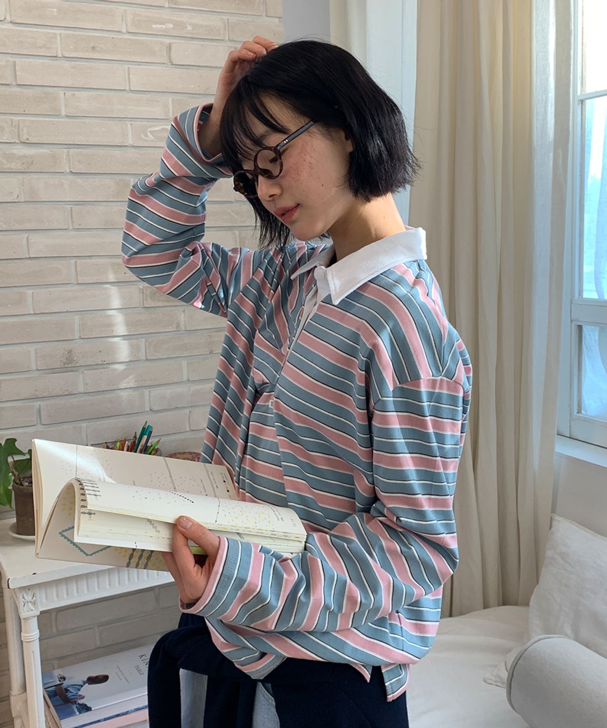 론론(RONRON) DOUBLE SHIRRING STRIPE COLLAR LONG SLEEVE PINK