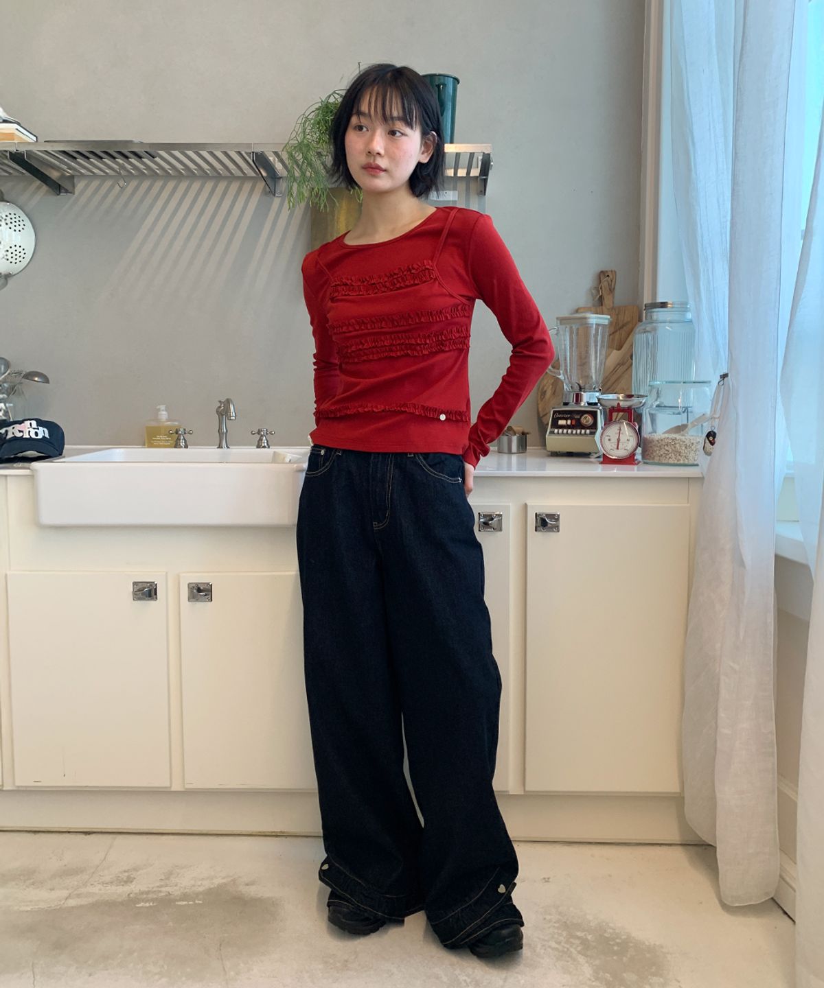 론론(RONRON) FRILL LAYERED LONG SLEEVE T SHIRT RED