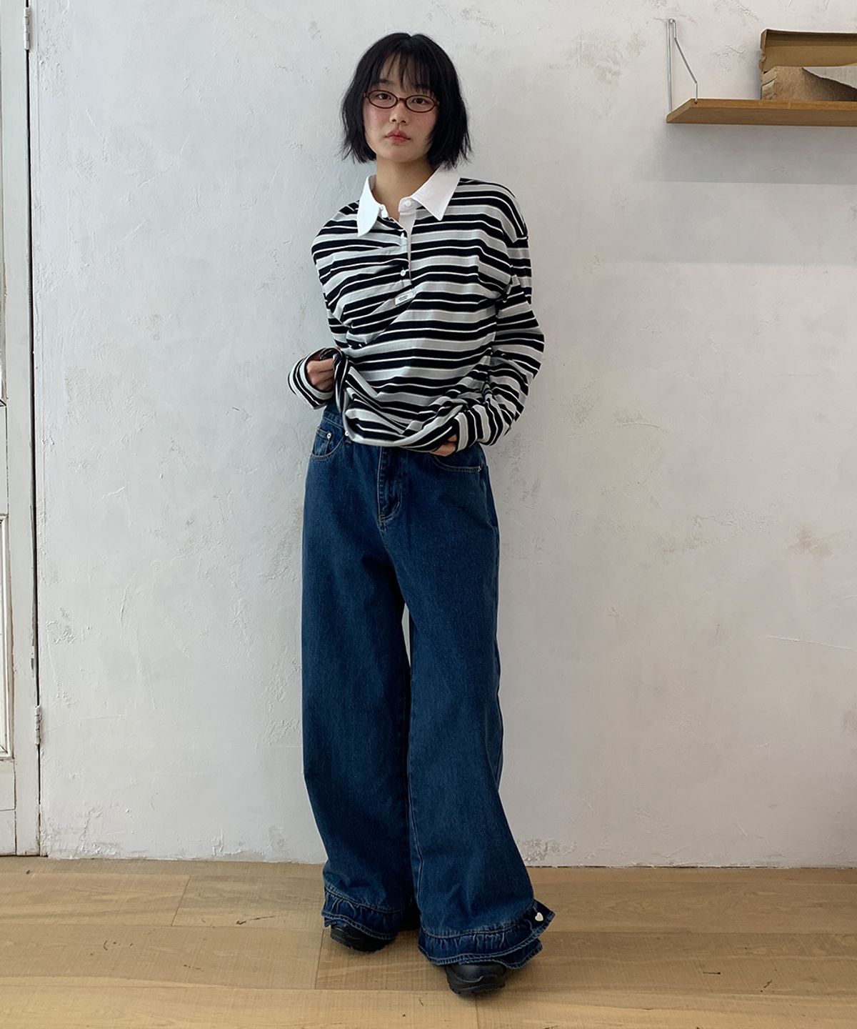 론론(RONRON) FRILL HEM WIDE DENIM PANTS MEDIUM BLUE