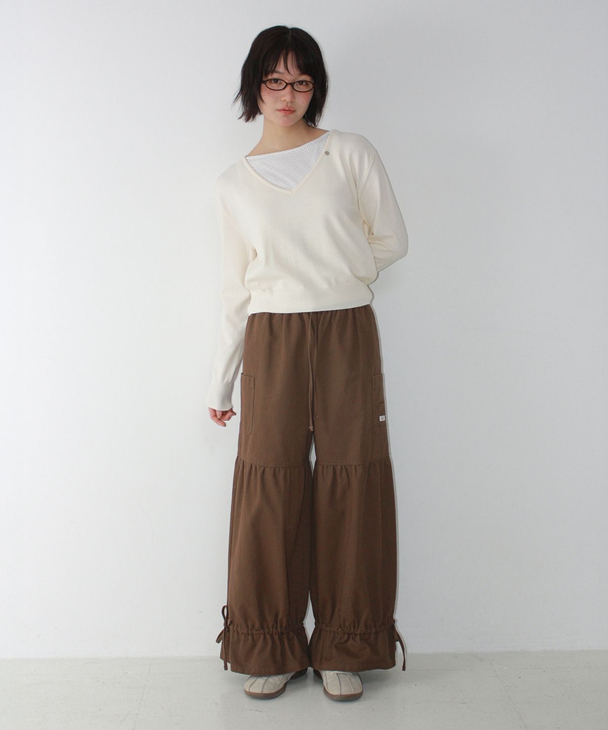 론론(RONRON) STRING FRILL SHIRRING WIDE PANTS BROWN