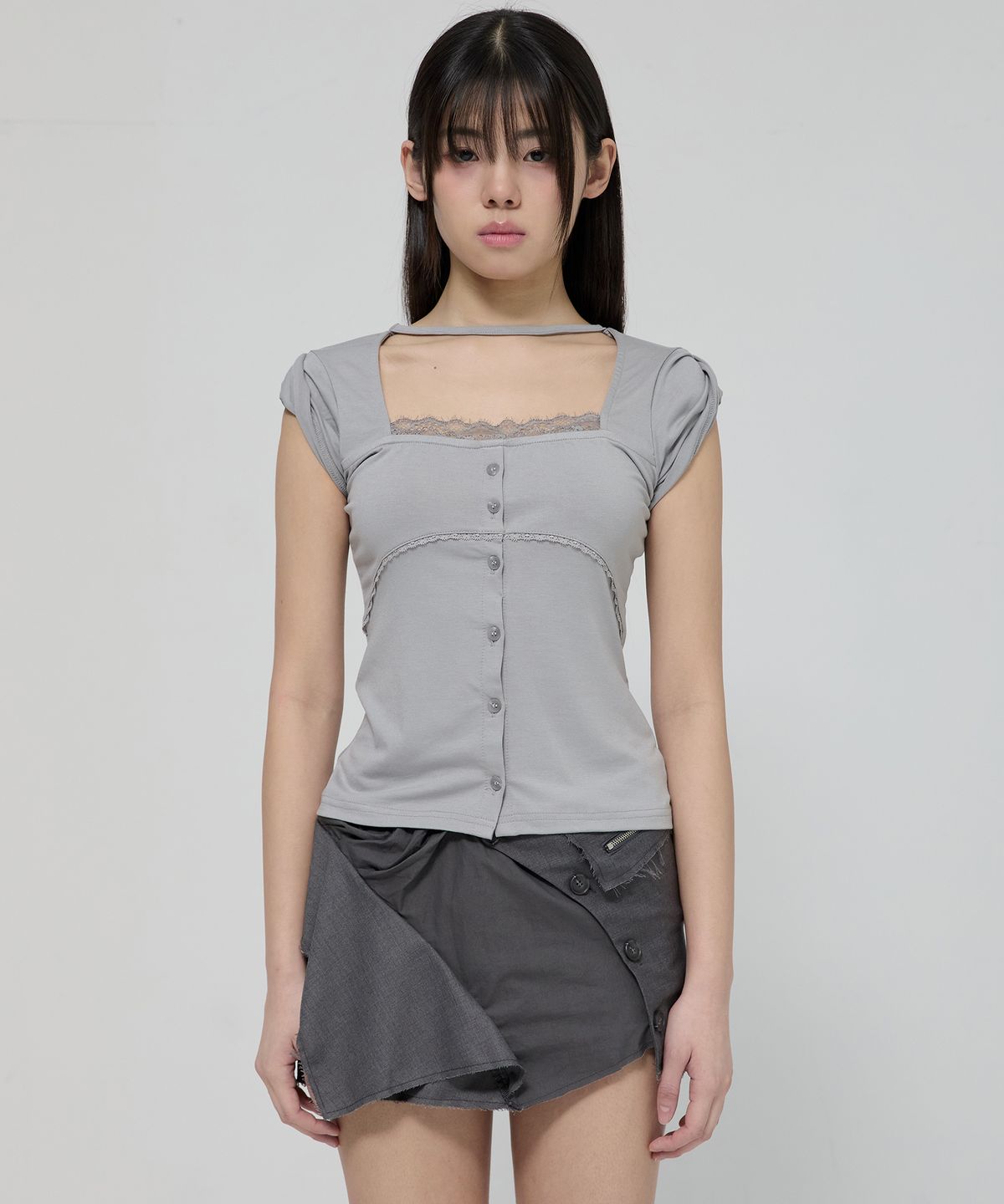 플레어업(FLAREUP) Lace Sleeve Top (FL-112_Gray)