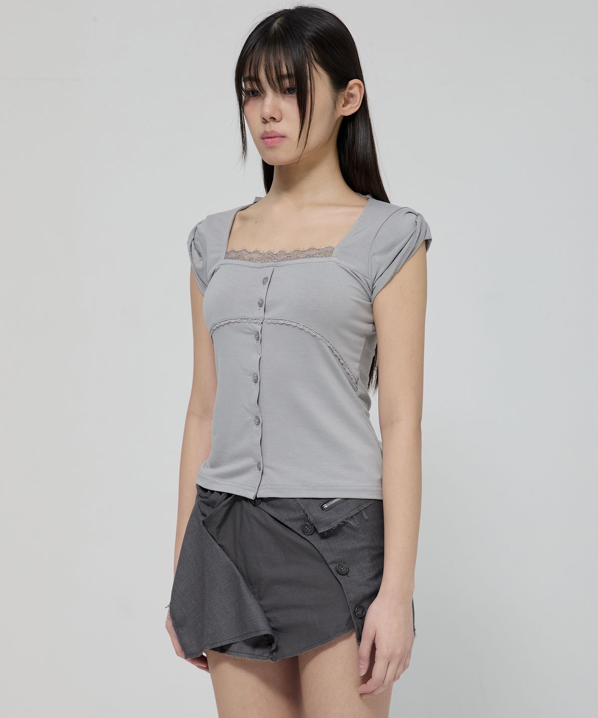 플레어업(FLAREUP) Lace Sleeve Top (FL-112_Gray)