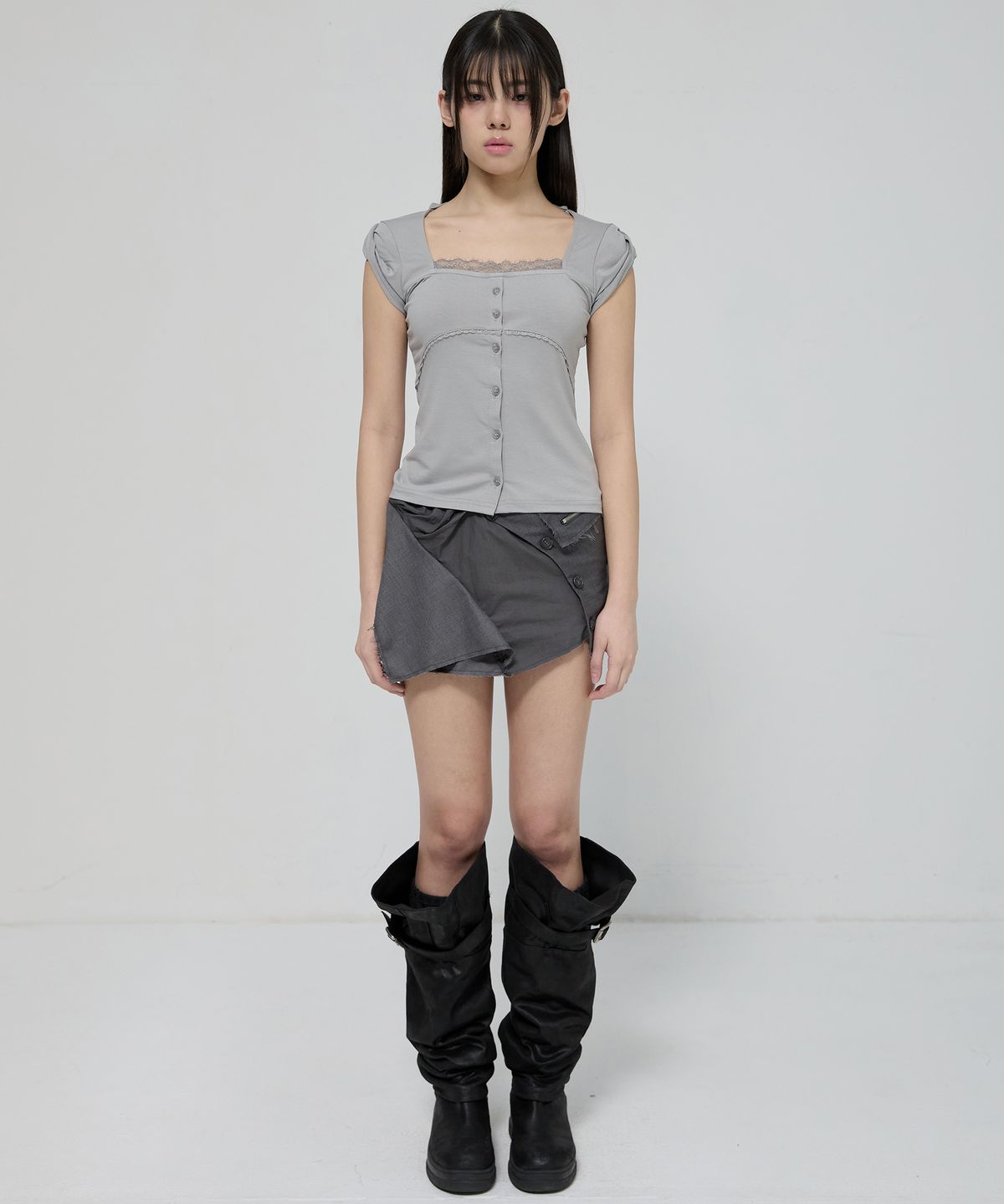 플레어업(FLAREUP) Lace Sleeve Top (FL-112_Gray)