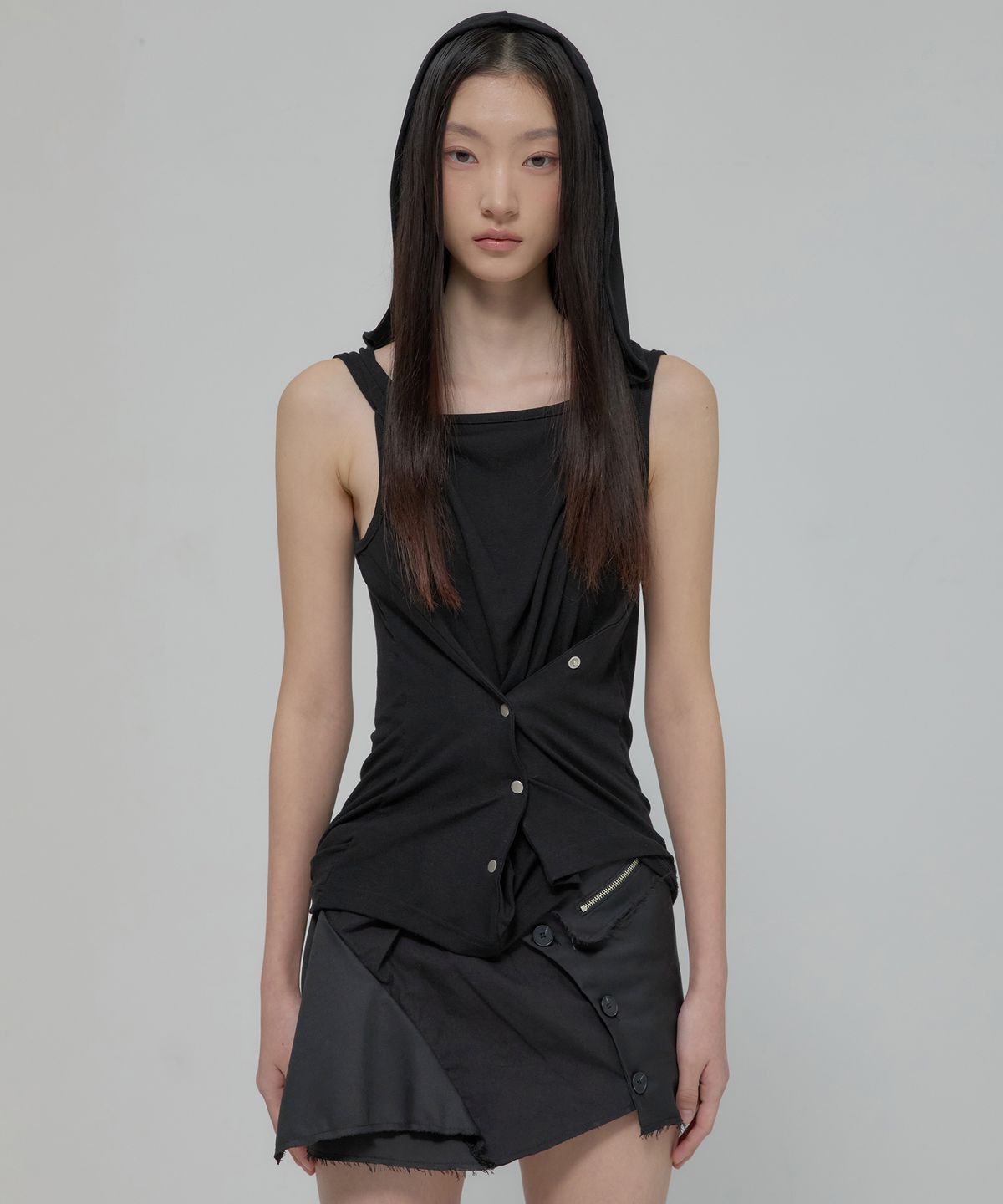 플레어업(FLAREUP) Asymmetric Snap Hoodie (FL-133_Black)