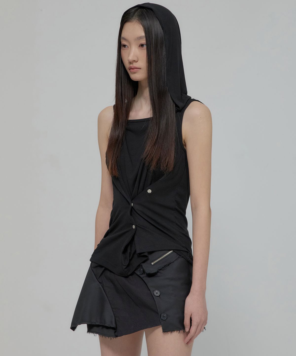 플레어업(FLAREUP) Asymmetric Snap Hoodie (FL-133_Black)
