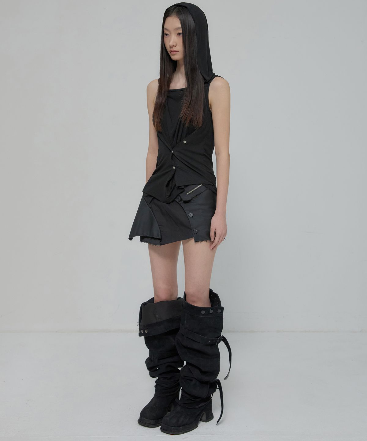 플레어업(FLAREUP) Asymmetric Snap Hoodie (FL-133_Black)