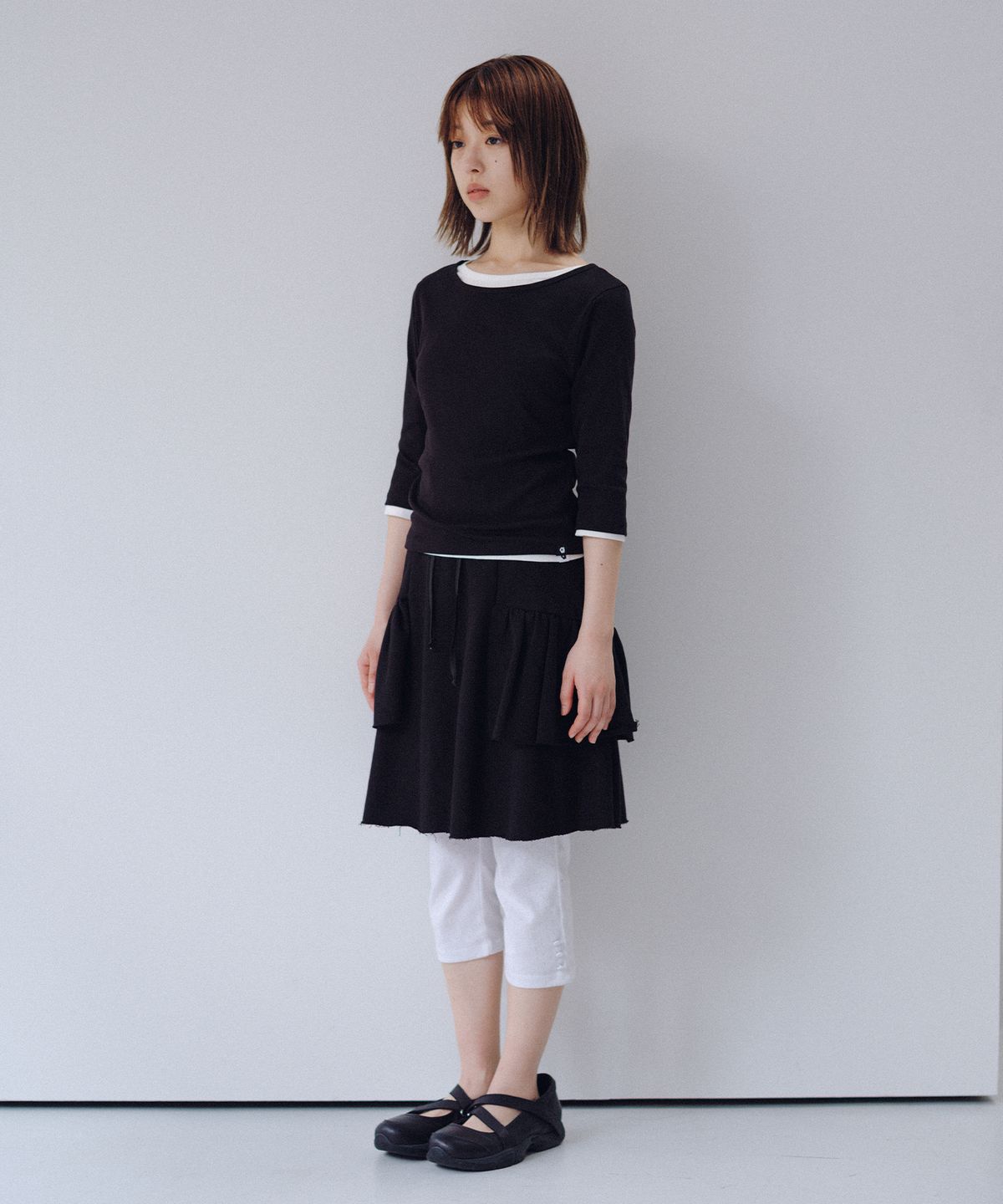 오헤시오(OHESHIO) SHIRRING MIDI BANDING SKIRT, BLACK