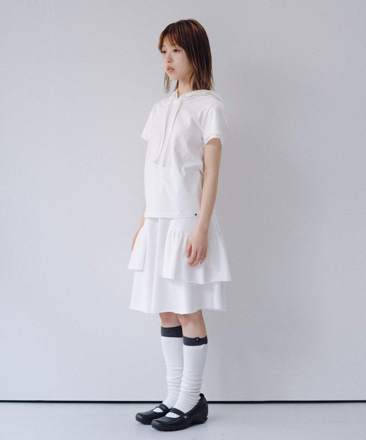 오헤시오(OHESHIO) SHIRRING MIDI BANDING SKIRT, WHITE