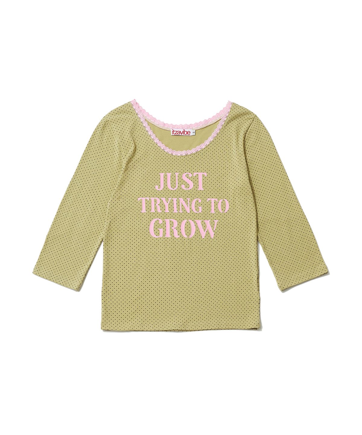 잇자바이브(ITZAVIBE) DOT LACE LETTERING T SHIRT - KHAKI