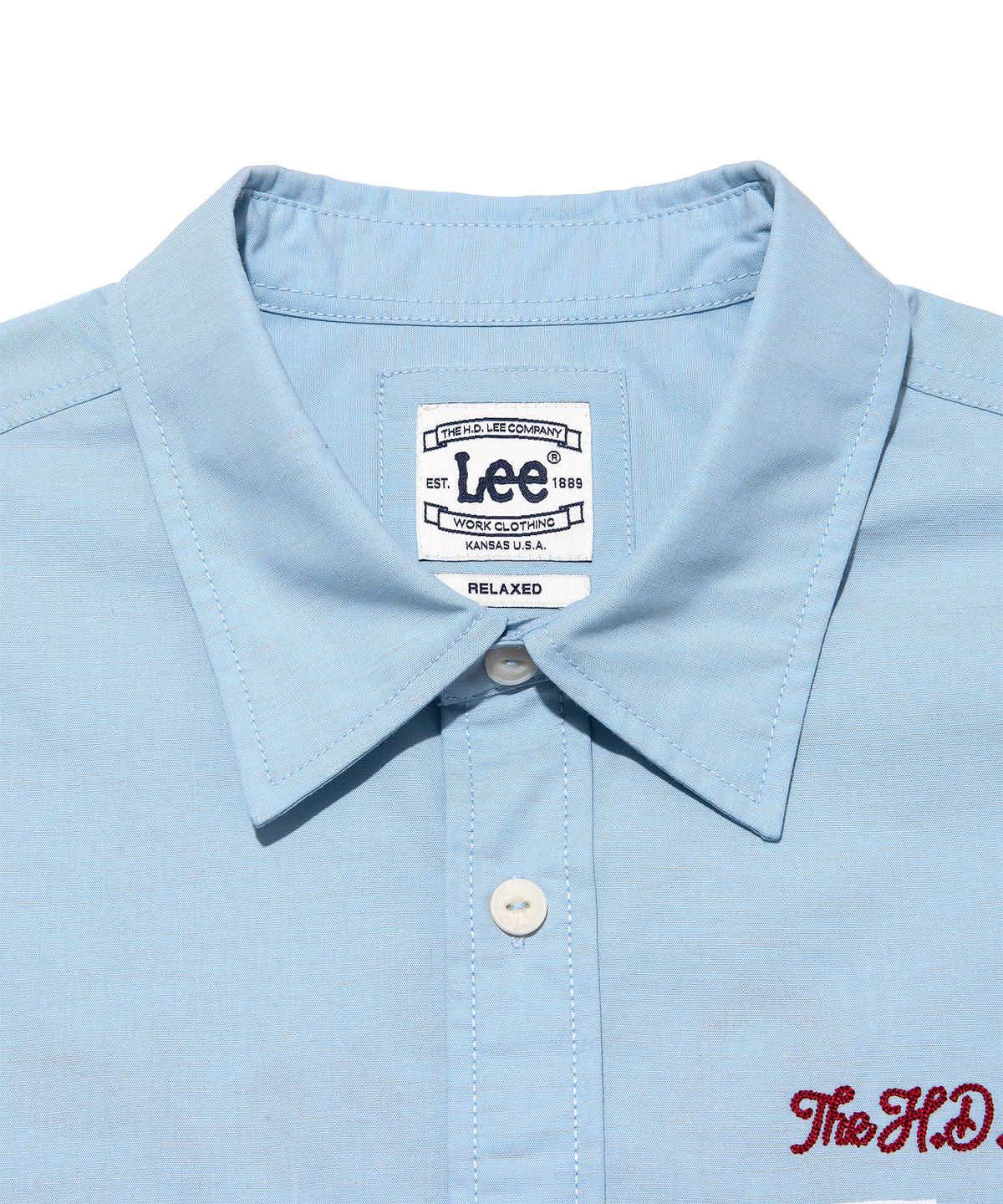 리(LEE) 레터링 자수 포켓 반팔 셔츠 블루