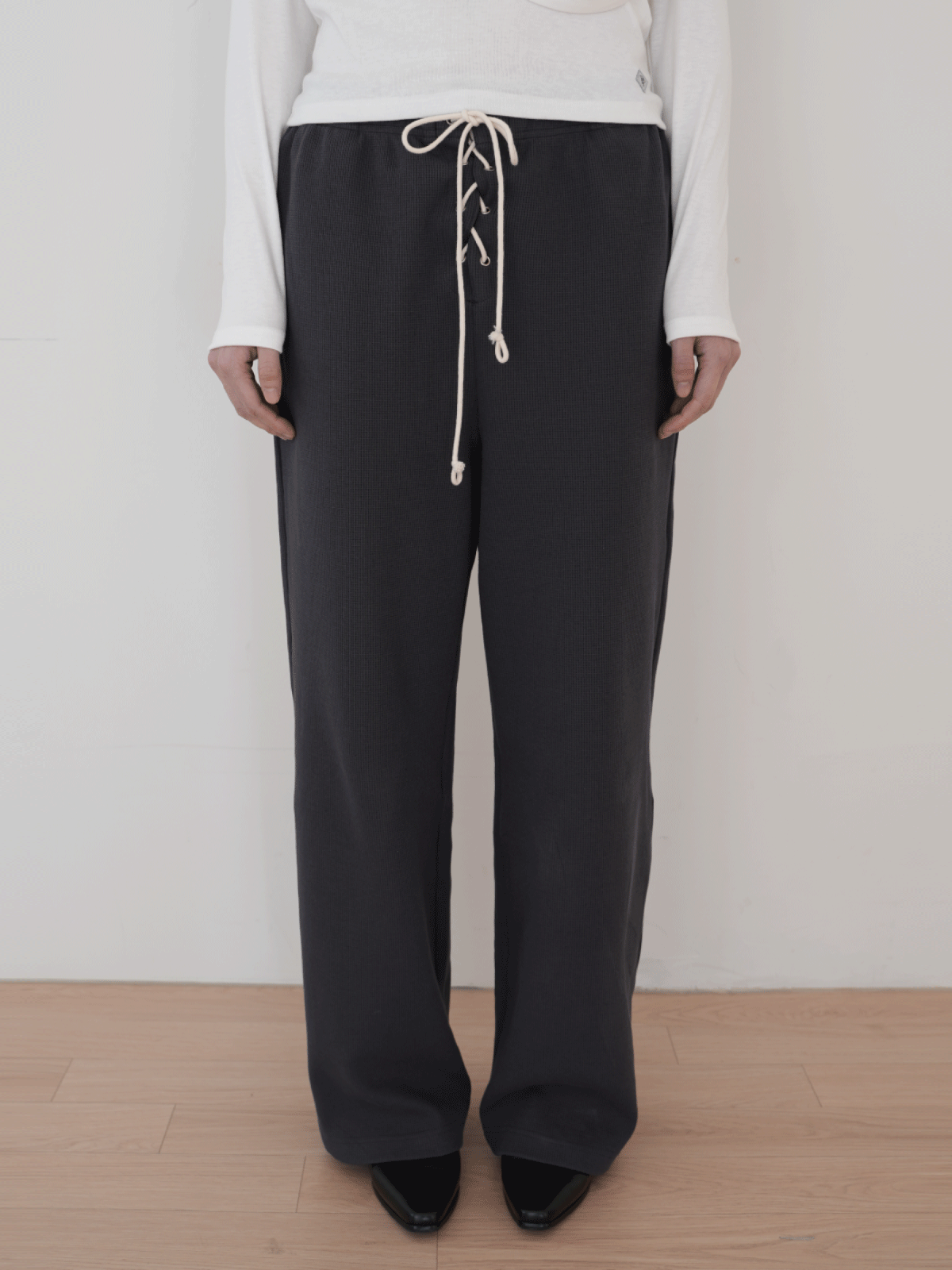 피브스피브스(PEEVES PEEVES) Waffle Jersey Pants / Charcoal