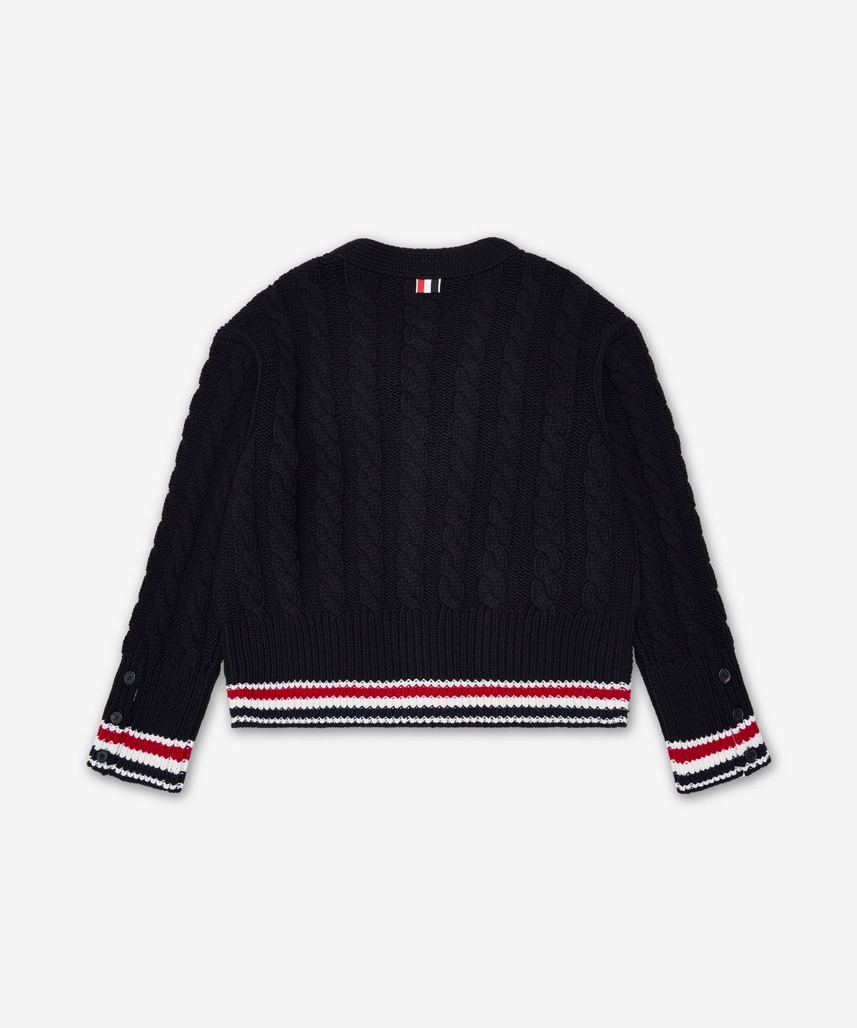 톰 브라운(THOM BROWNE) 메리노 베이비 케이블 스티치 RWB 스트라이프 가디건 - 블랙 / MKC622AY1005001
