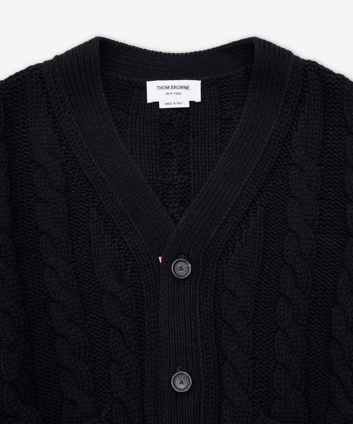 톰 브라운(THOM BROWNE) 메리노 베이비 케이블 스티치 RWB 스트라이프 가디건 - 블랙 / MKC622AY1005001