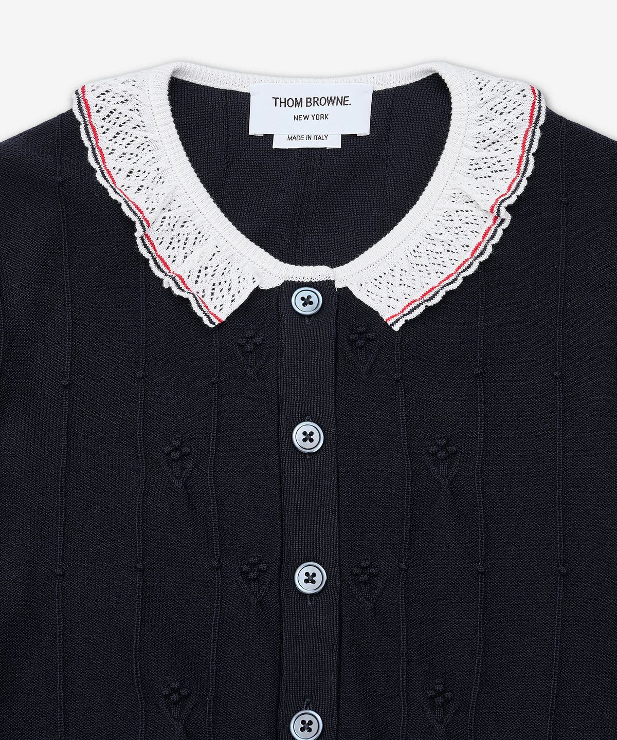 톰 브라운(THOM BROWNE) 메리노 울 보블 스티치 레이스 트림 가디건 - 네이비 / FKC697BY1051415