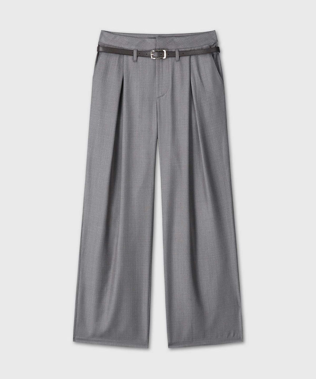 베른(VERN) LEATHER BELTED BOX PLEATED SLACKS (GRAY)