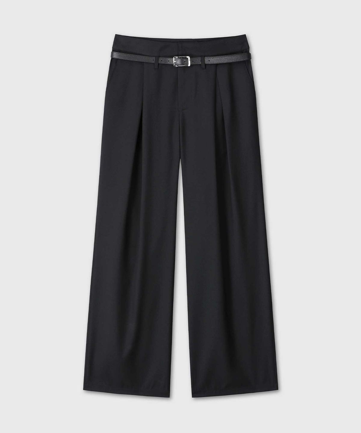 베른(VERN) LEATHER BELTED BOX PLEATED SLACKS (BLACK)