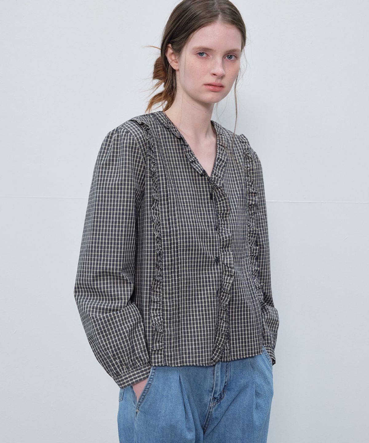 프리버07(FRIVER07) Check pintuck ruffle blouse [FRSP06BL10]_Black
