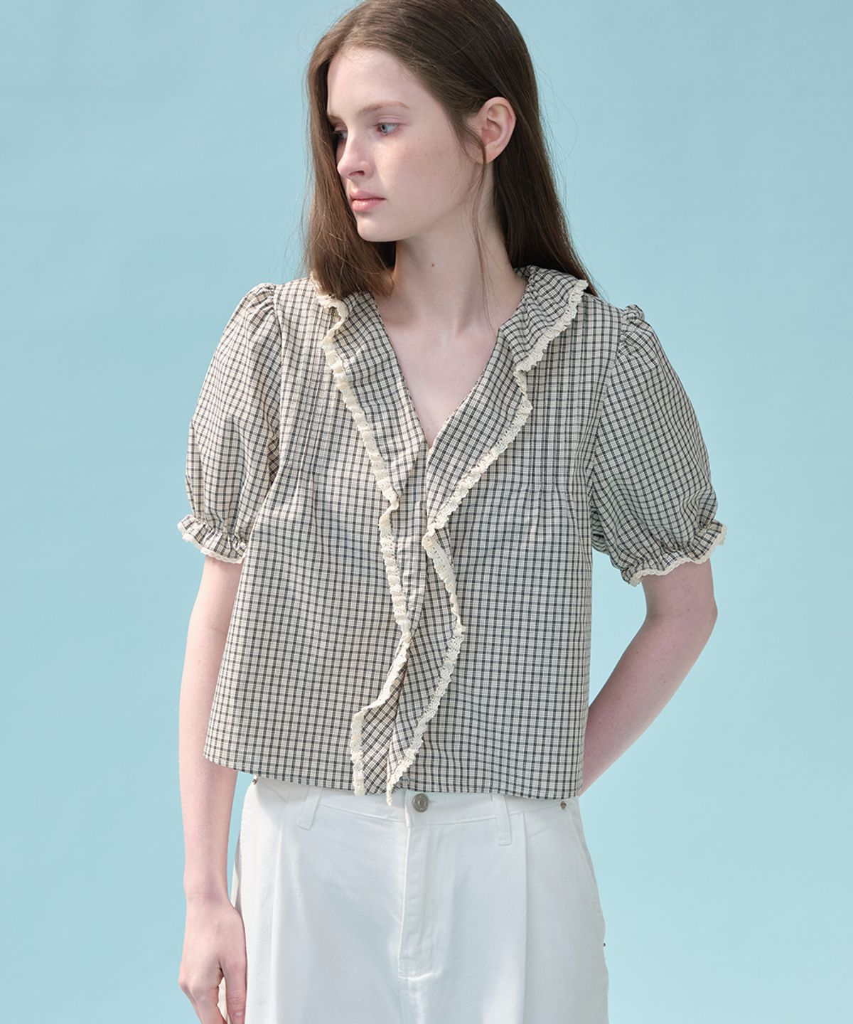 프리버07(FRIVER07) Ruffle shirring crop blouse [FRSP06BL06]_Beige