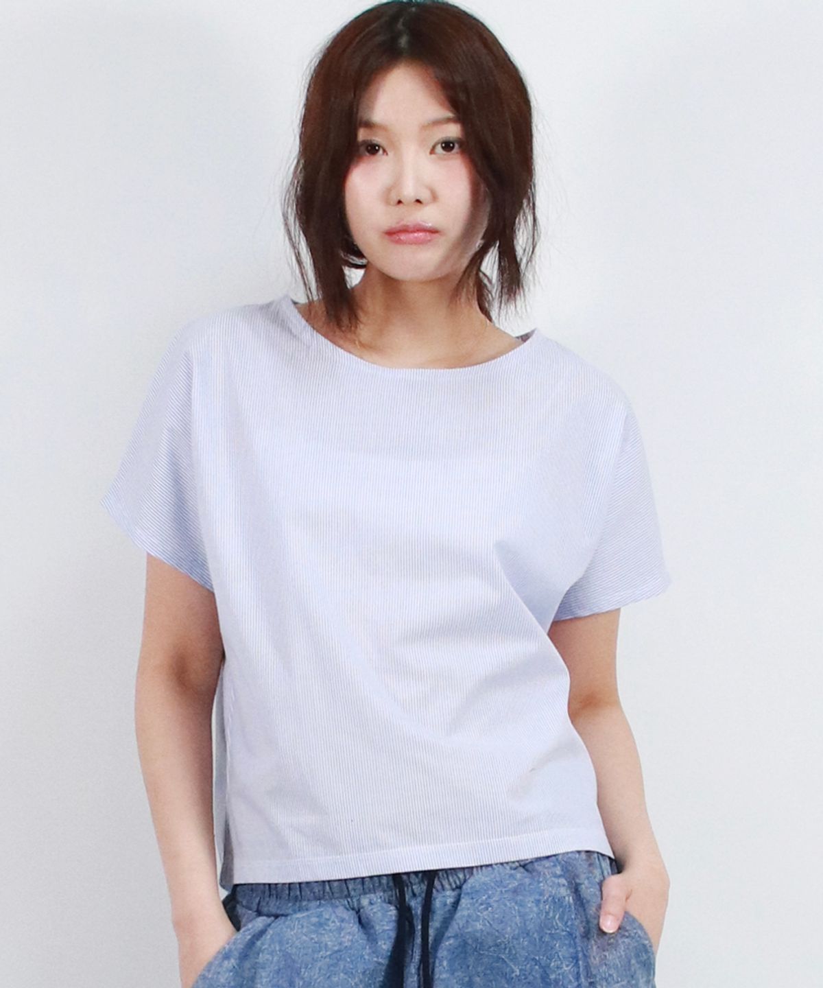 드마크(DEMARC) Stripe Mini French Short Sleeve Shirt Blue