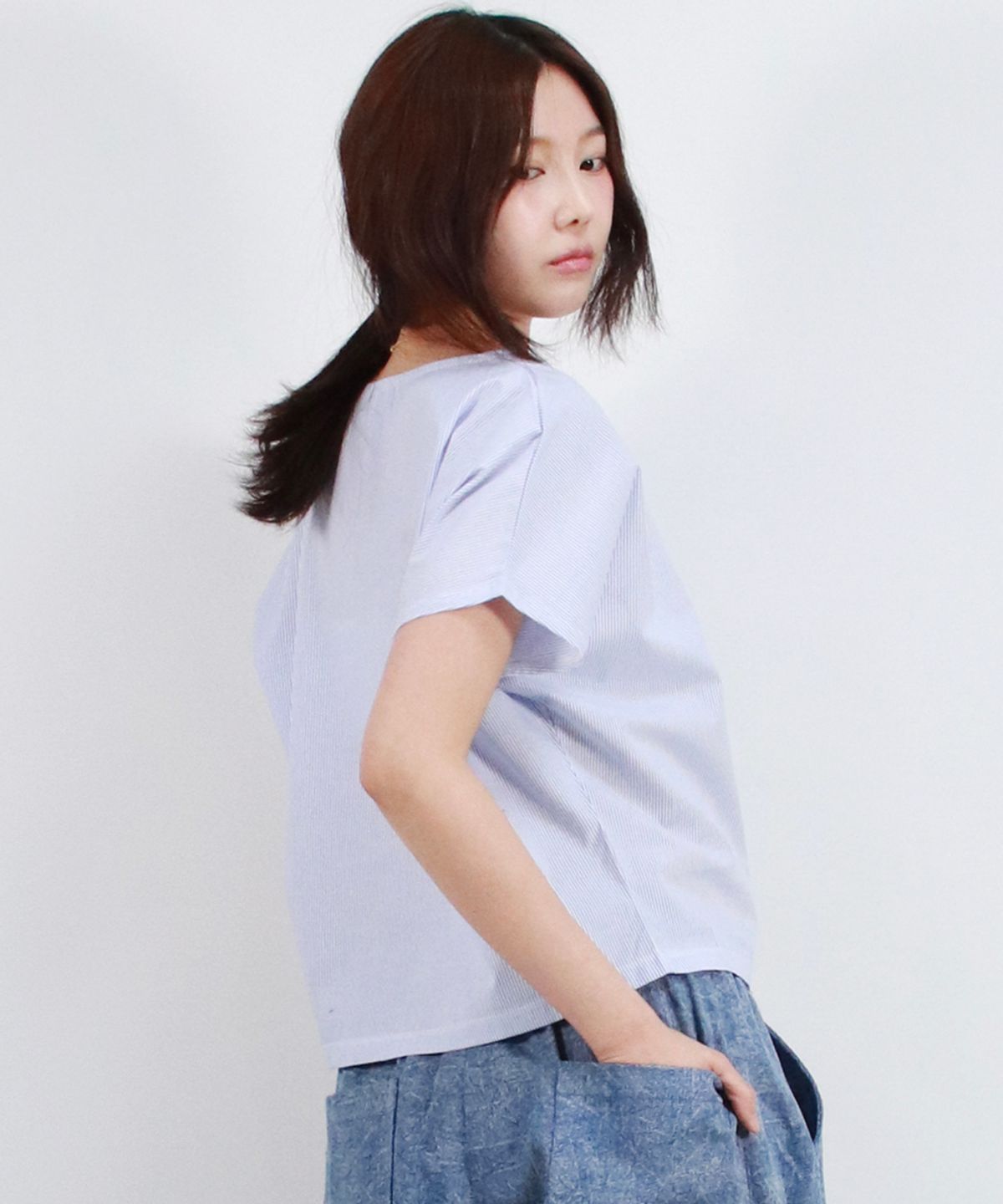 드마크(DEMARC) Stripe Mini French Short Sleeve Shirt Blue