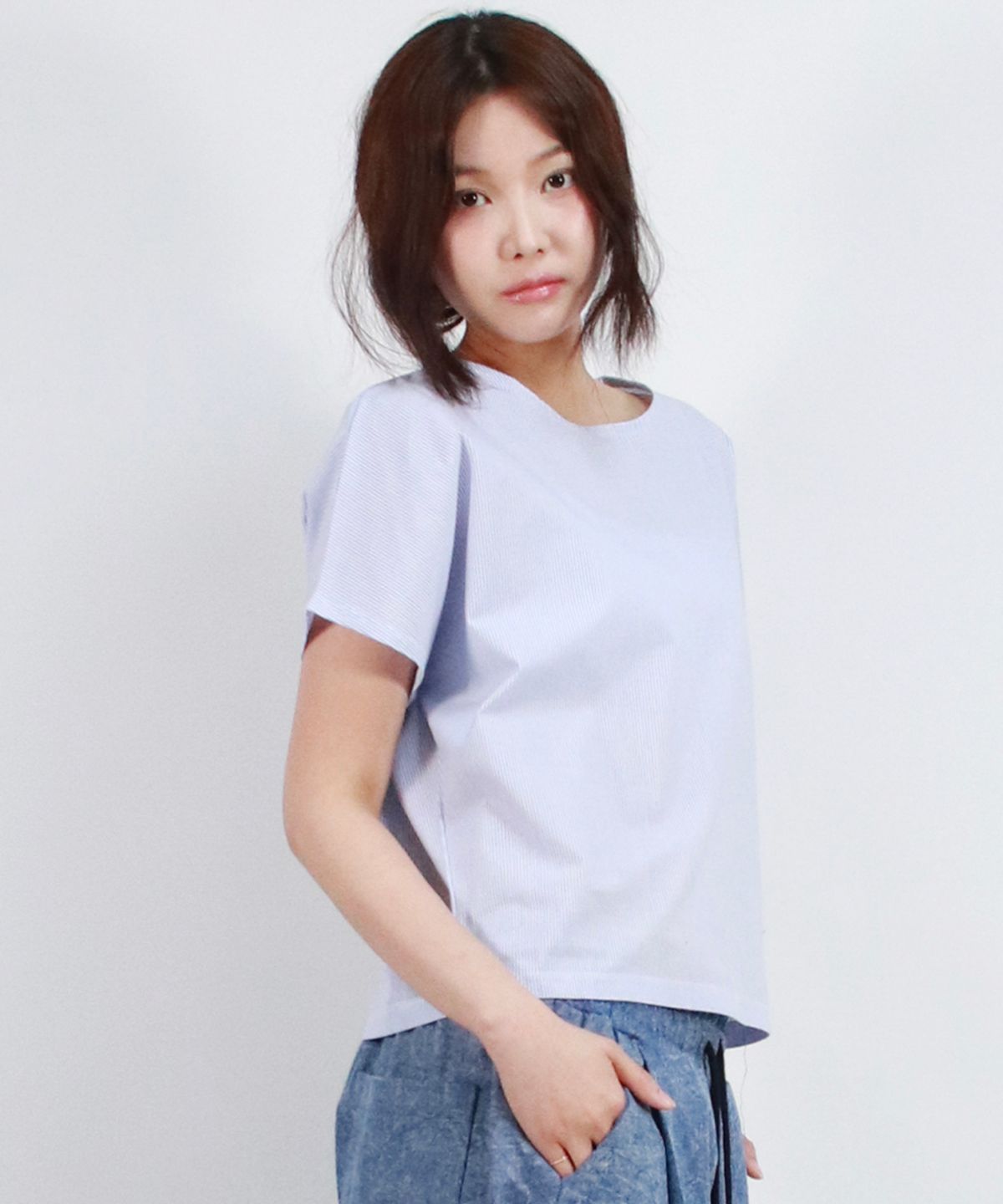드마크(DEMARC) Stripe Mini French Short Sleeve Shirt Blue