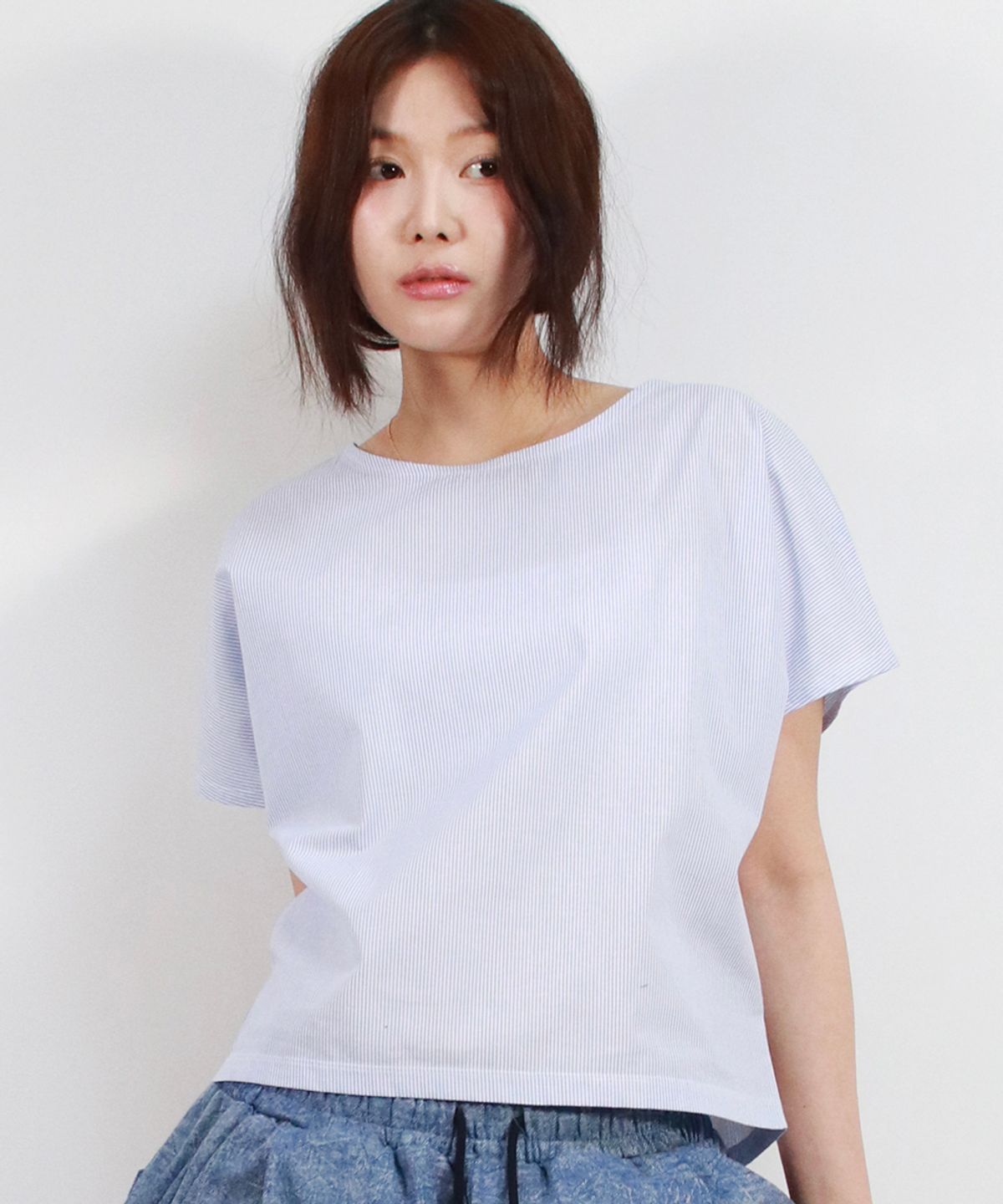 드마크(DEMARC) Stripe Mini French Short Sleeve Shirt Blue
