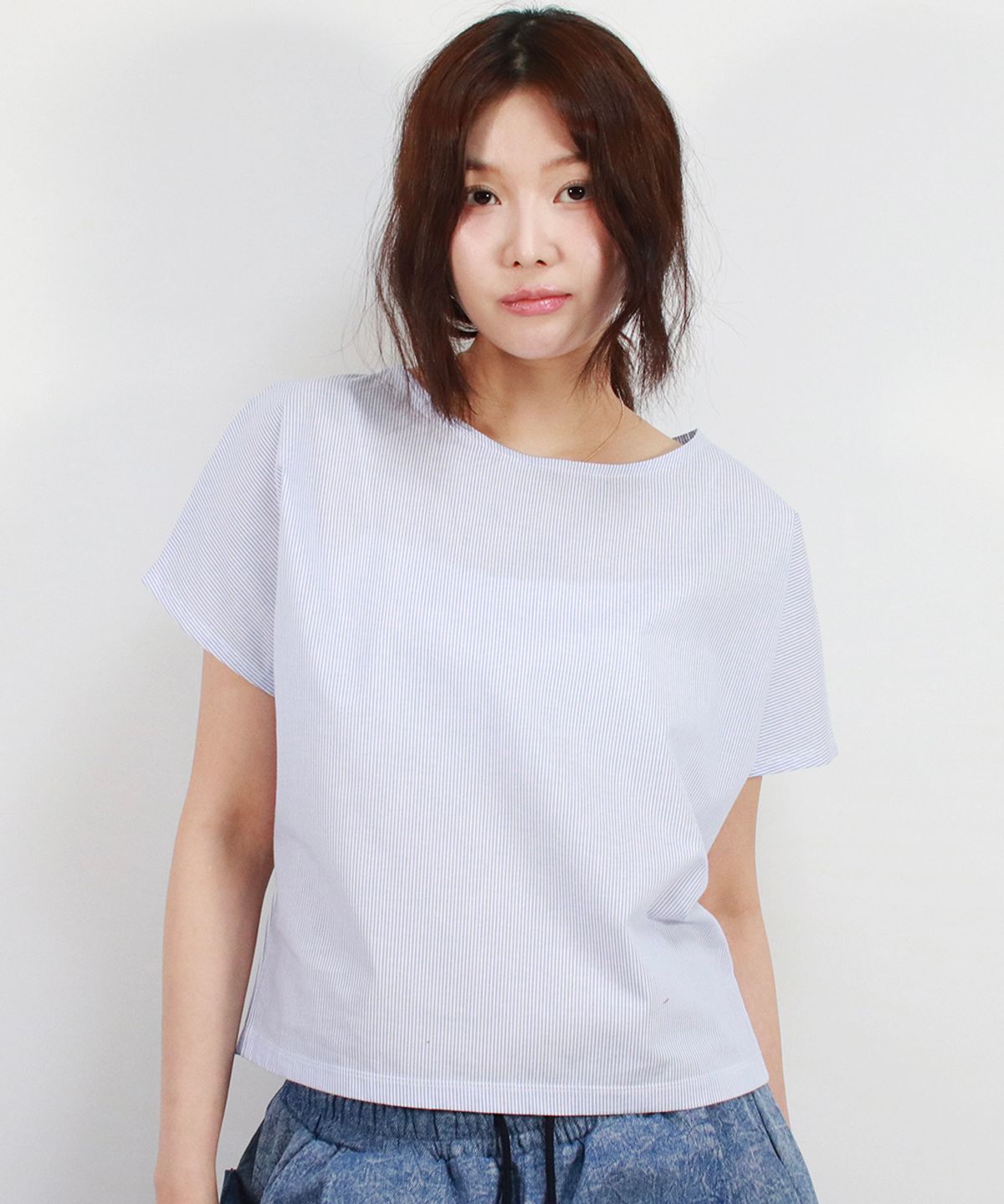 드마크(DEMARC) Stripe Mini French Short Sleeve Shirt Blue