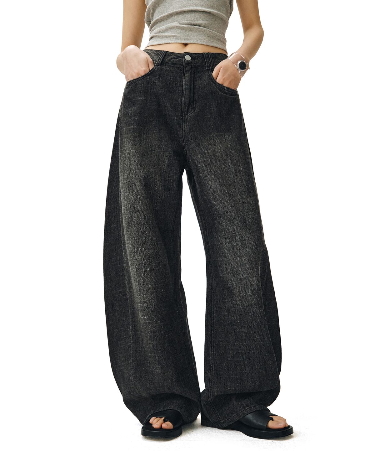 데케트 우먼(DECET WOMEN) [린넨라이크]Linen Like Barrel Jeans DCWPT029BLACK