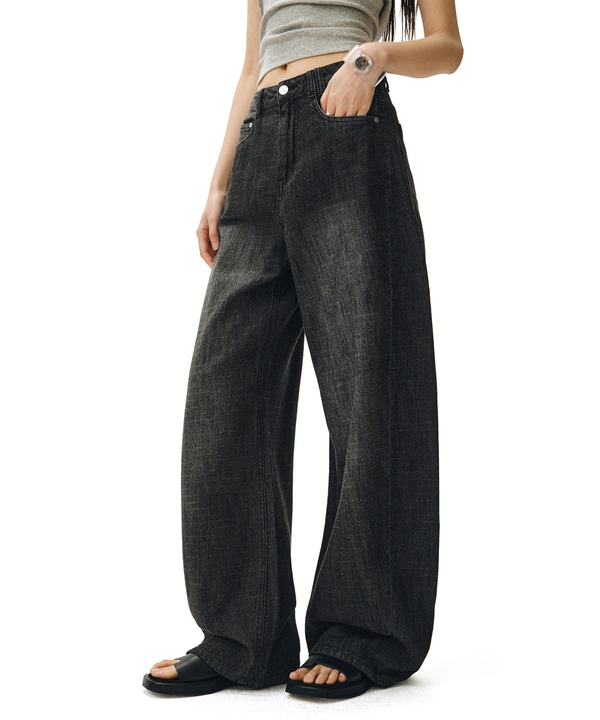 데케트 우먼(DECET WOMEN) [린넨라이크]Linen Like Barrel Jeans DCWPT029BLACK