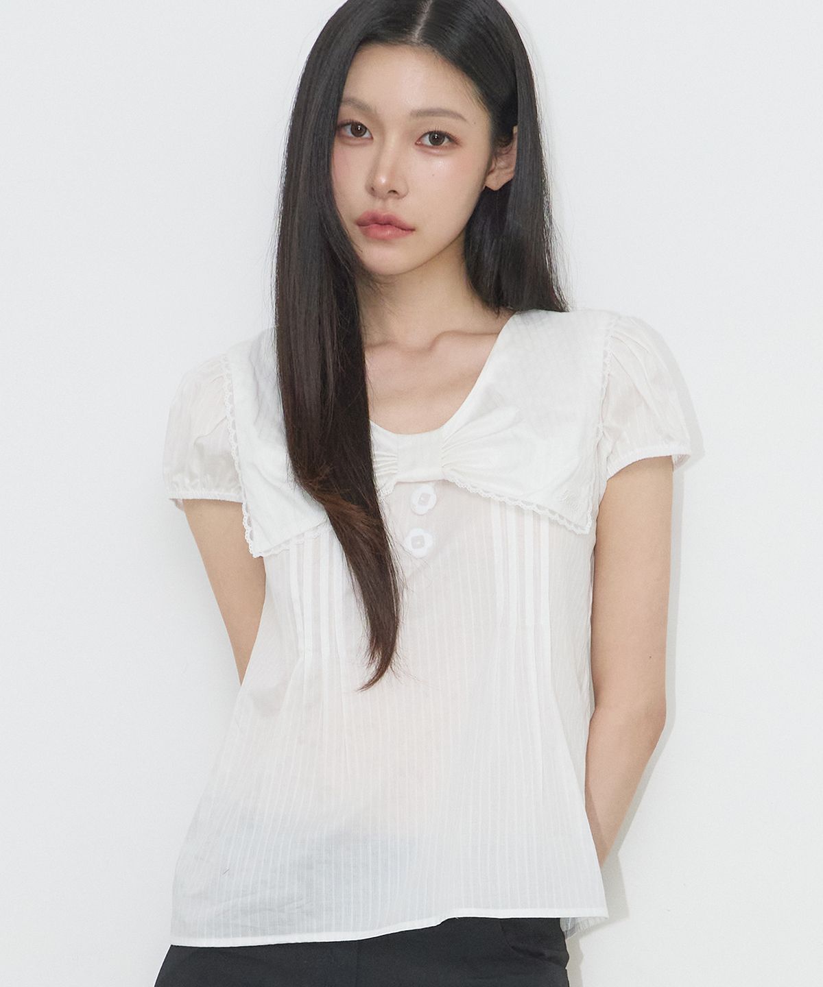 일리고(ILLIGO) 세일러 보우 카라 블라우스 화이트