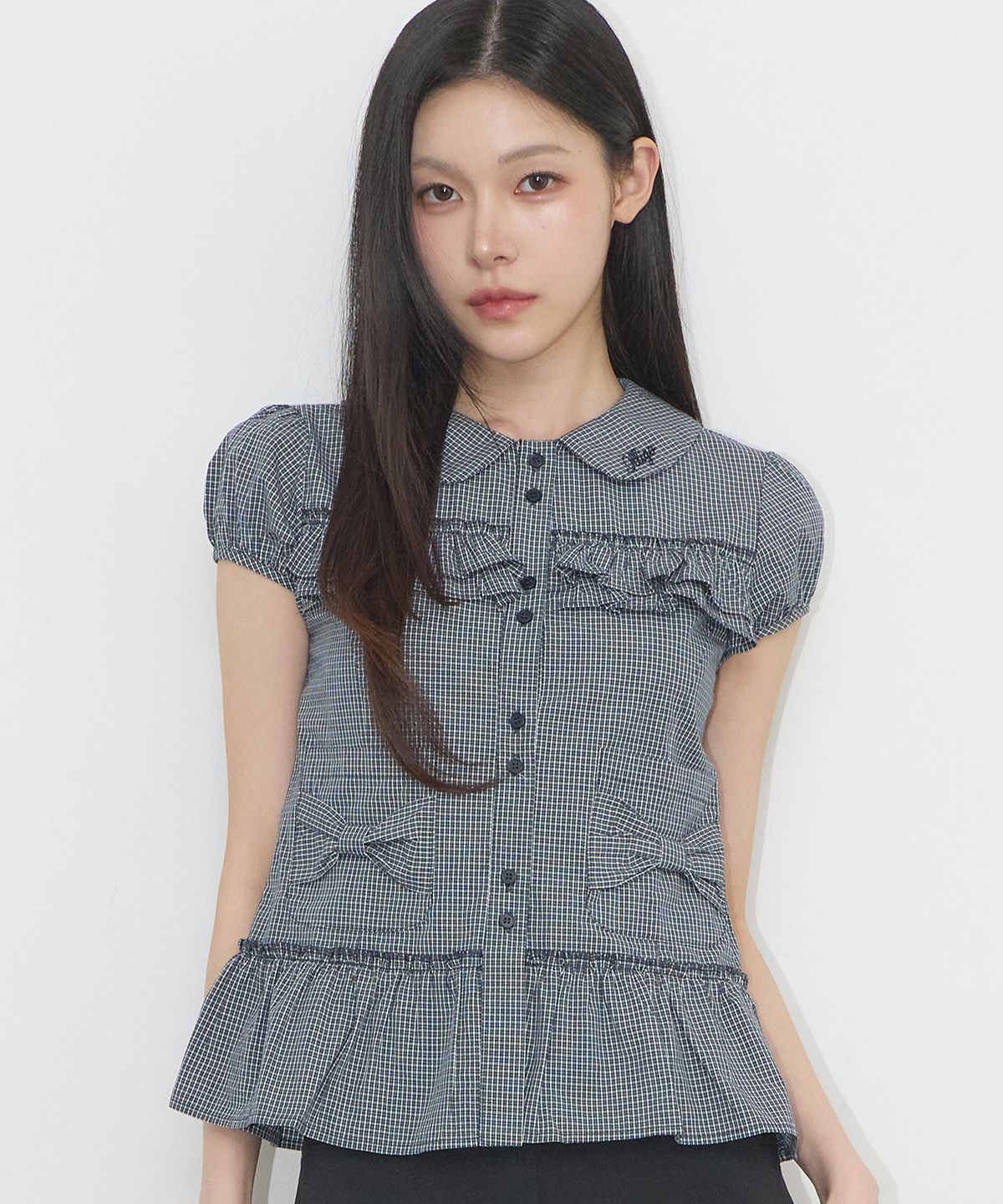일리고(ILLIGO) 보우 포켓 러플 블라우스 체크 네이비
