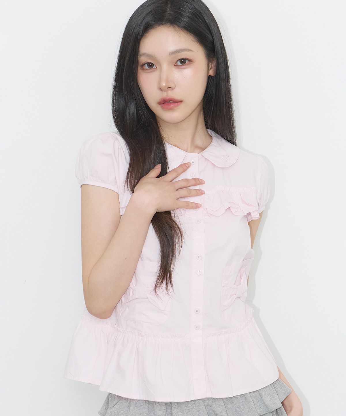 일리고(ILLIGO) 보우 포켓 러플 블라우스 핑크