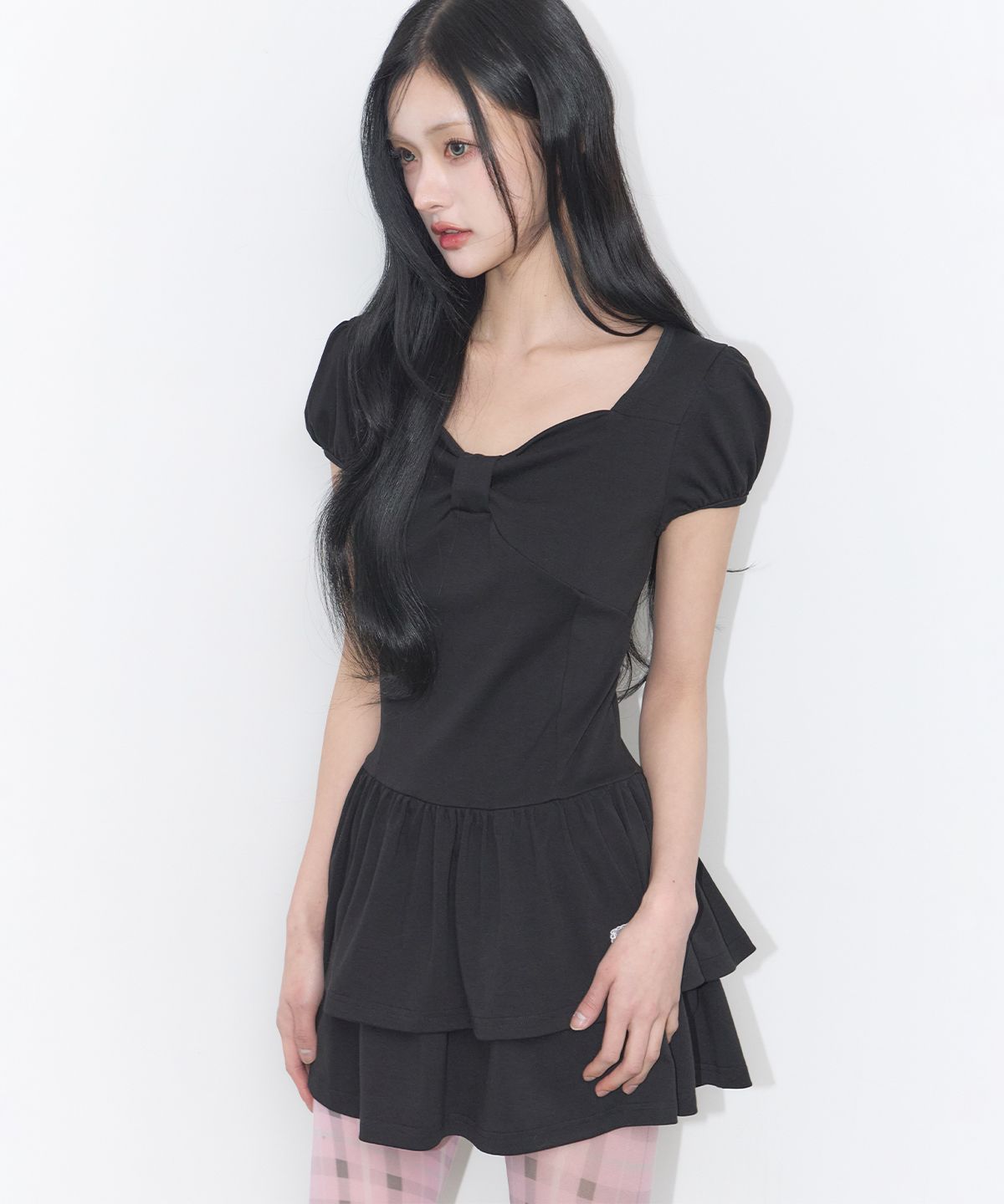 일리고(ILLIGO) 보우 플레어 미니 원피스 블랙