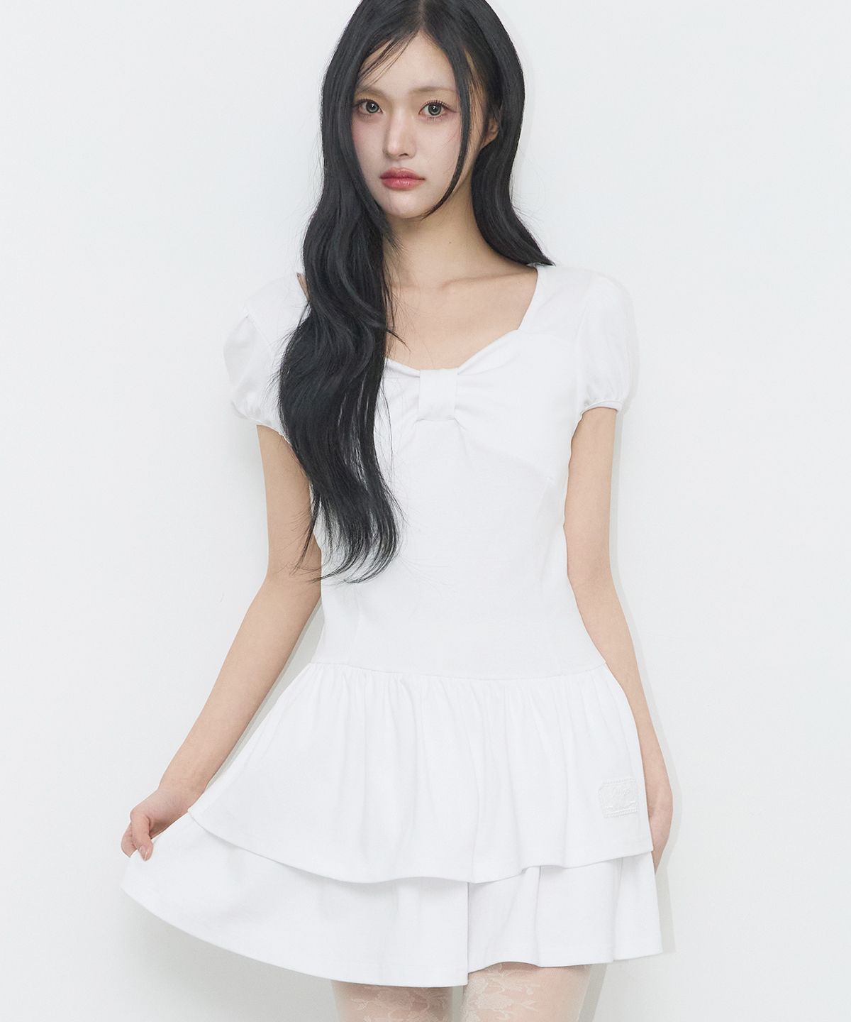 일리고(ILLIGO) 보우 플레어 미니 원피스 화이트